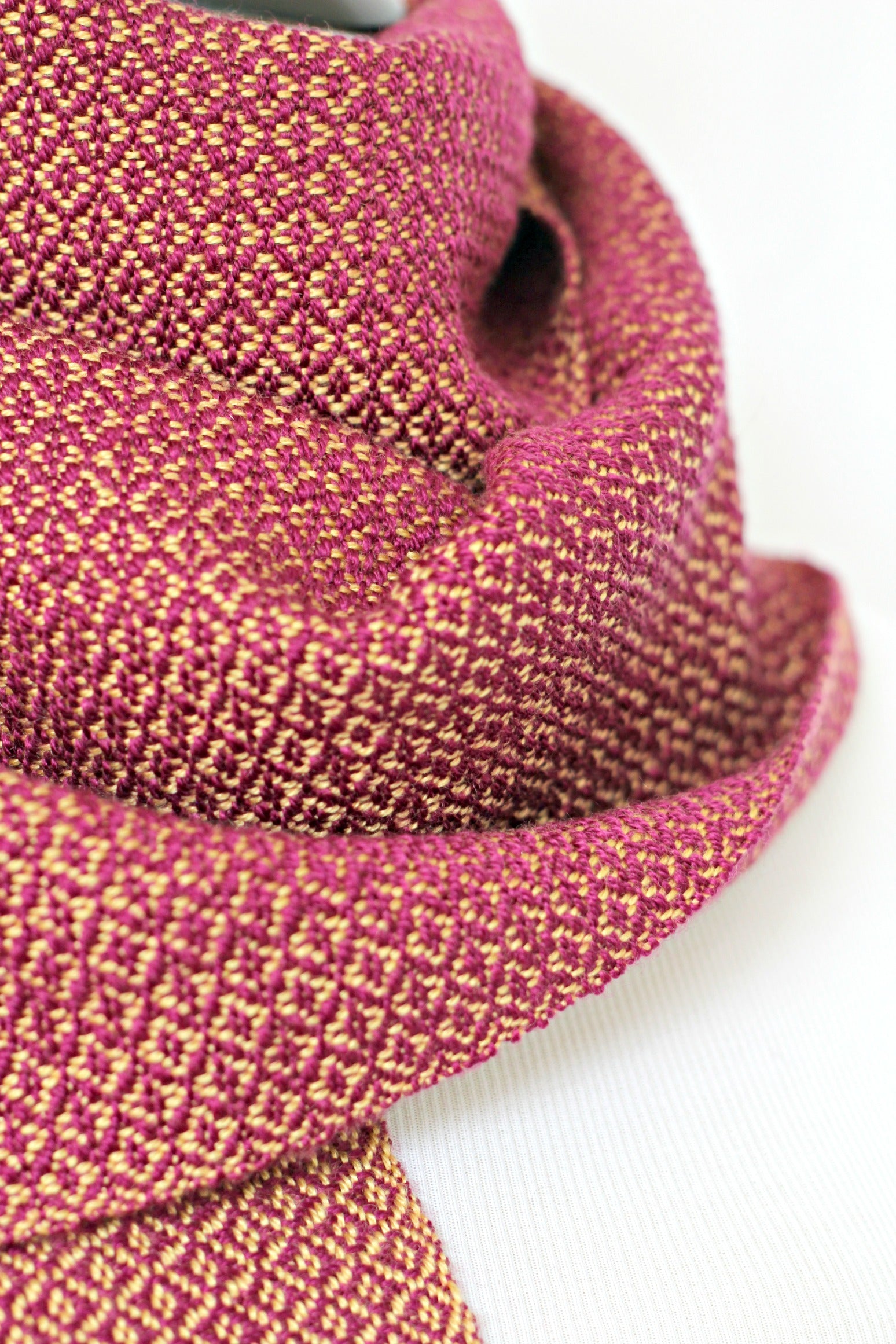 Woven scarf in mustard and purple colors in merino wool and tencel