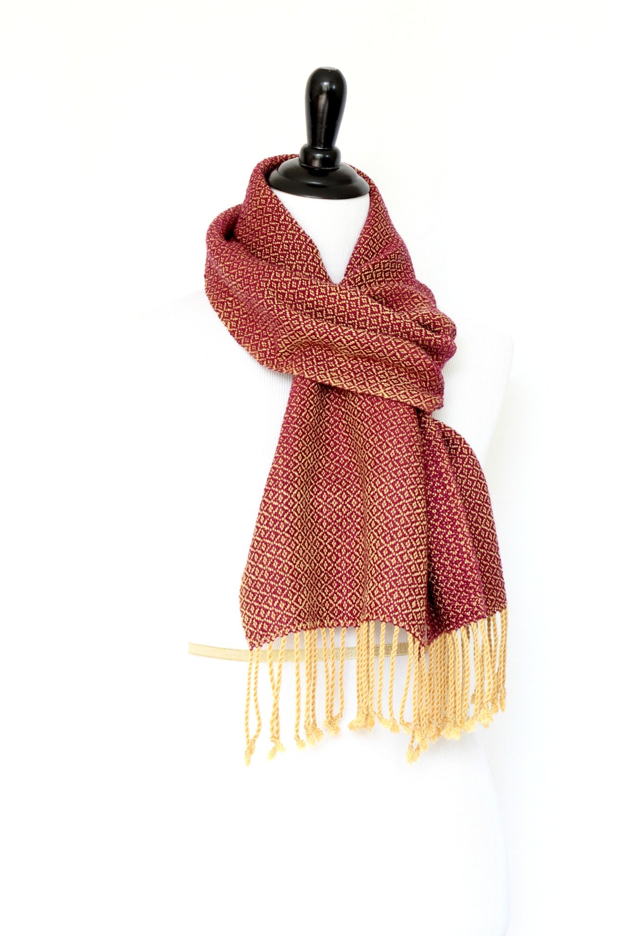 Woven scarf in mustard and purple colors in merino wool and tencel