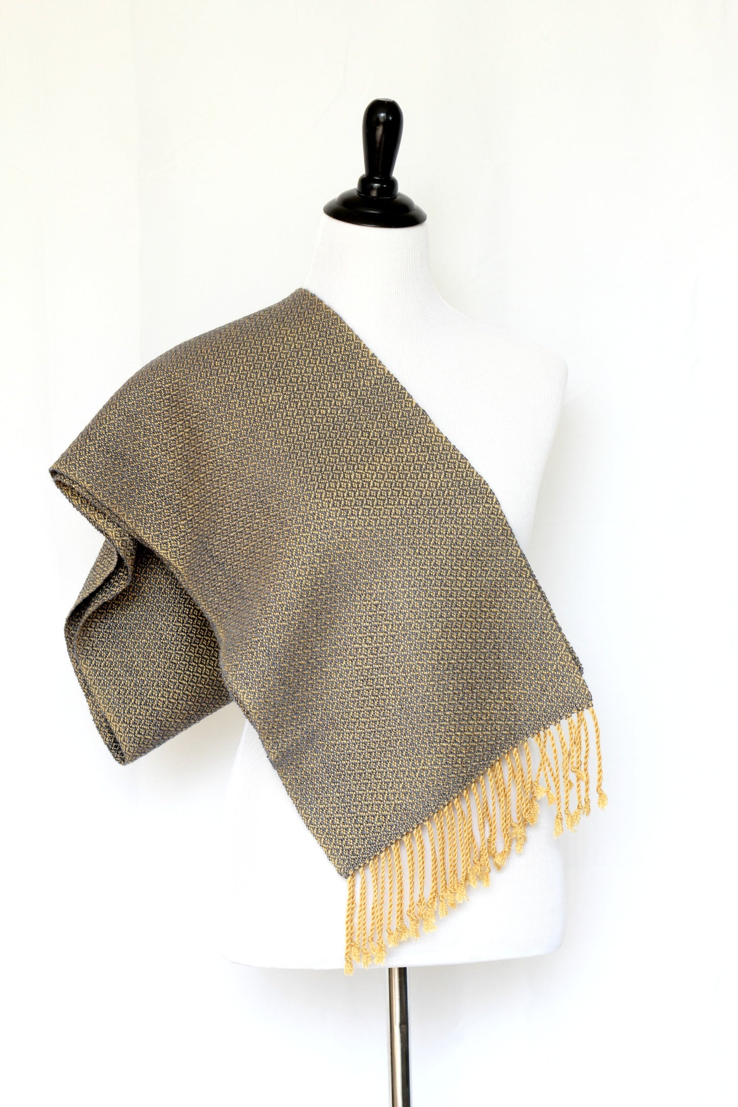 Woven scarf in mustard grey colors in merino wool and tencel