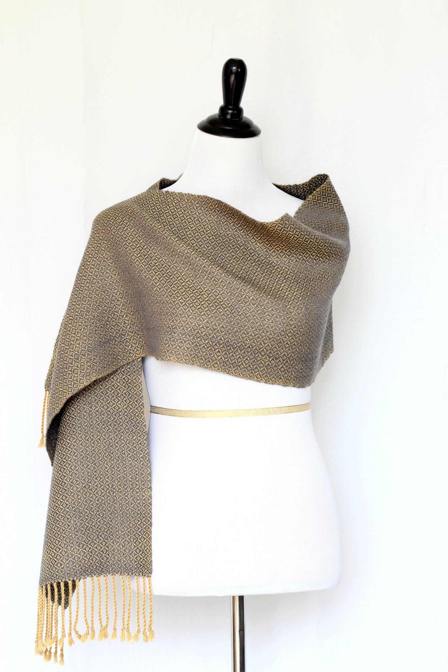 Woven scarf in mustard grey colors in merino wool and tencel