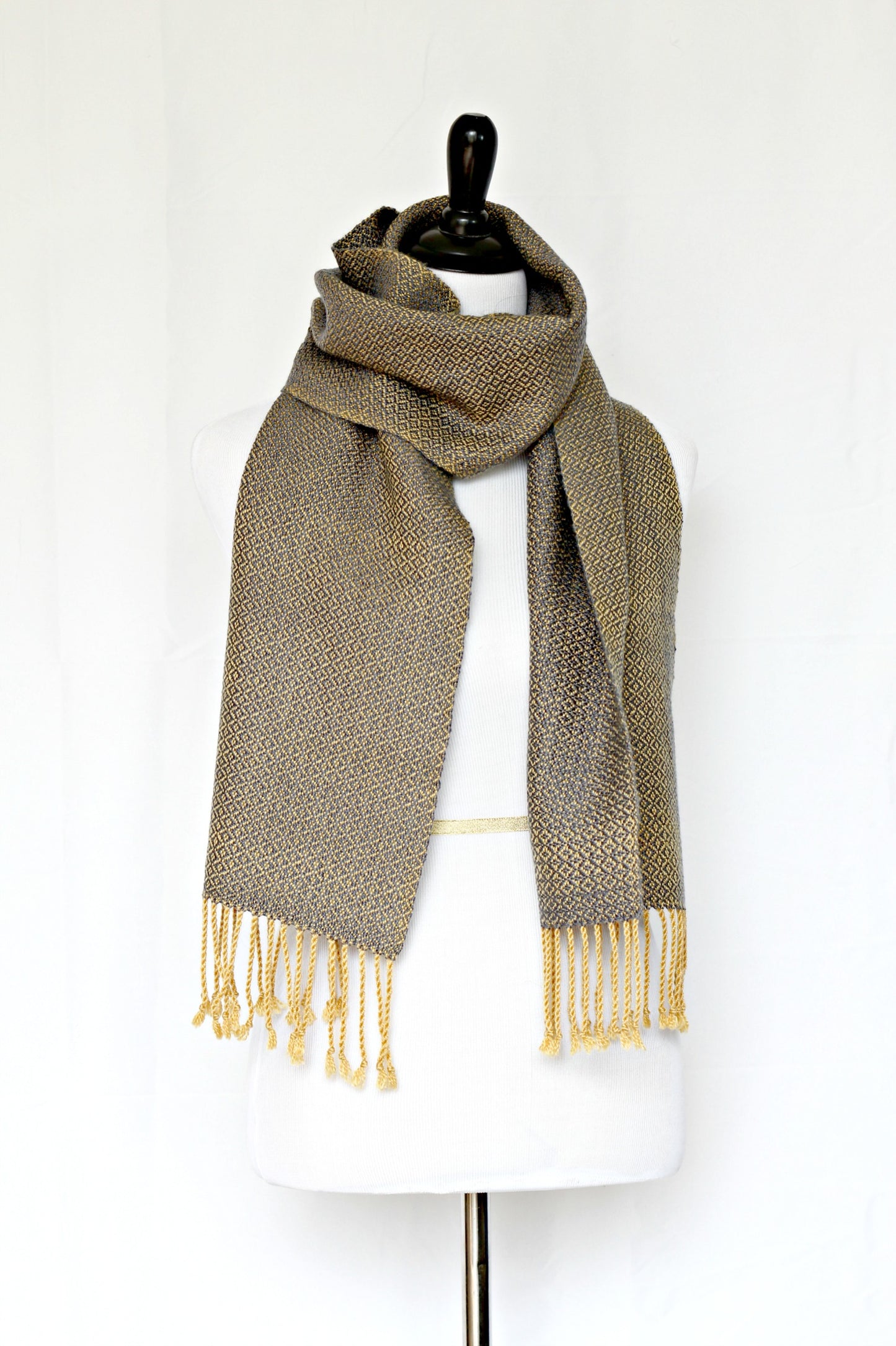 Woven scarf in mustard grey colors in merino wool and tencel