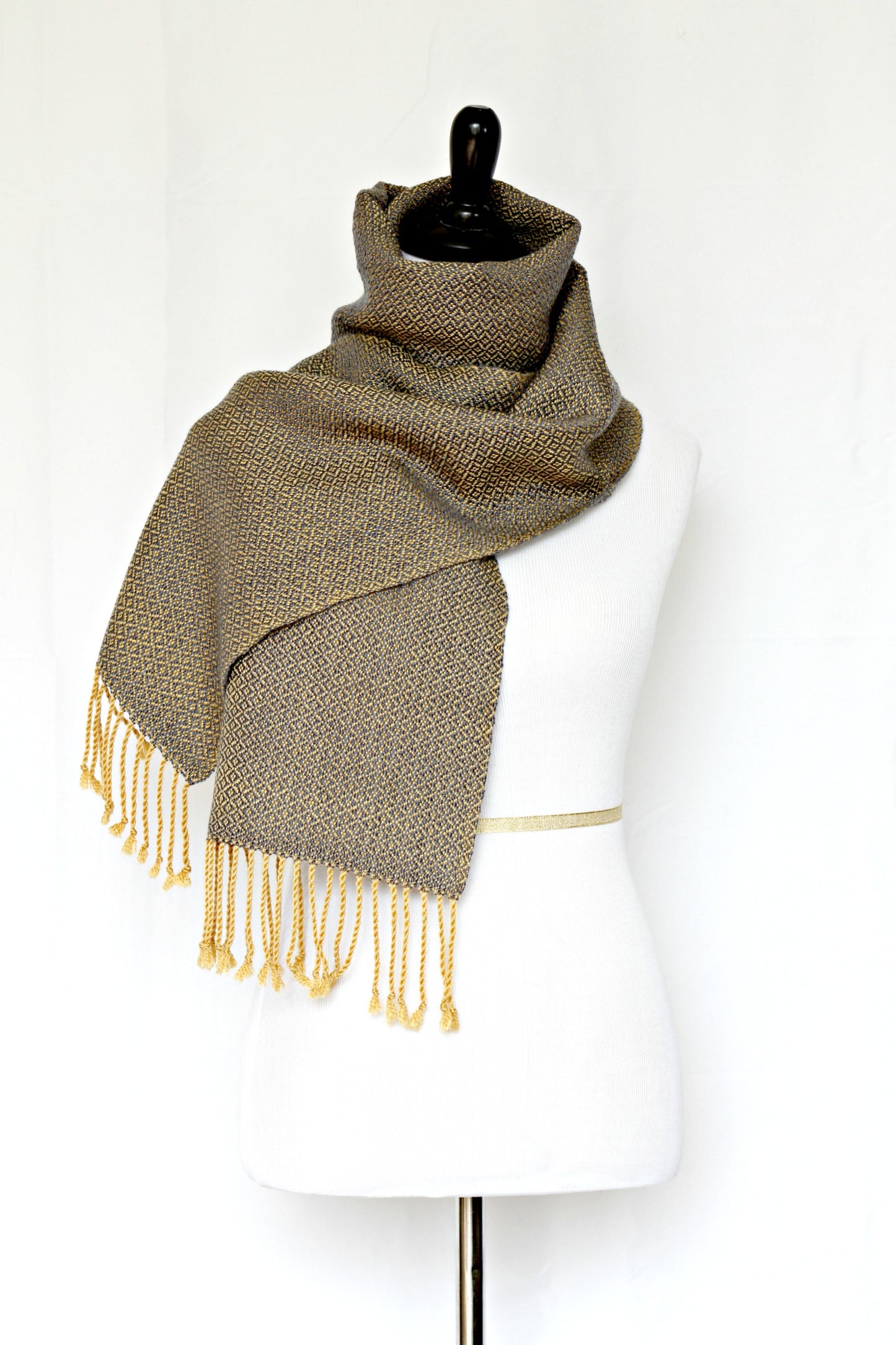 Woven scarf in mustard grey colors in merino wool and tencel