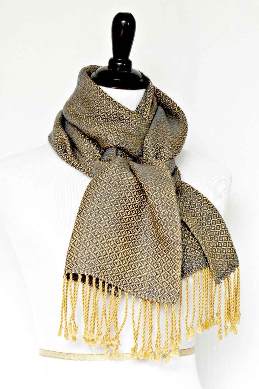 Woven scarf in mustard grey colors in merino wool and tencel