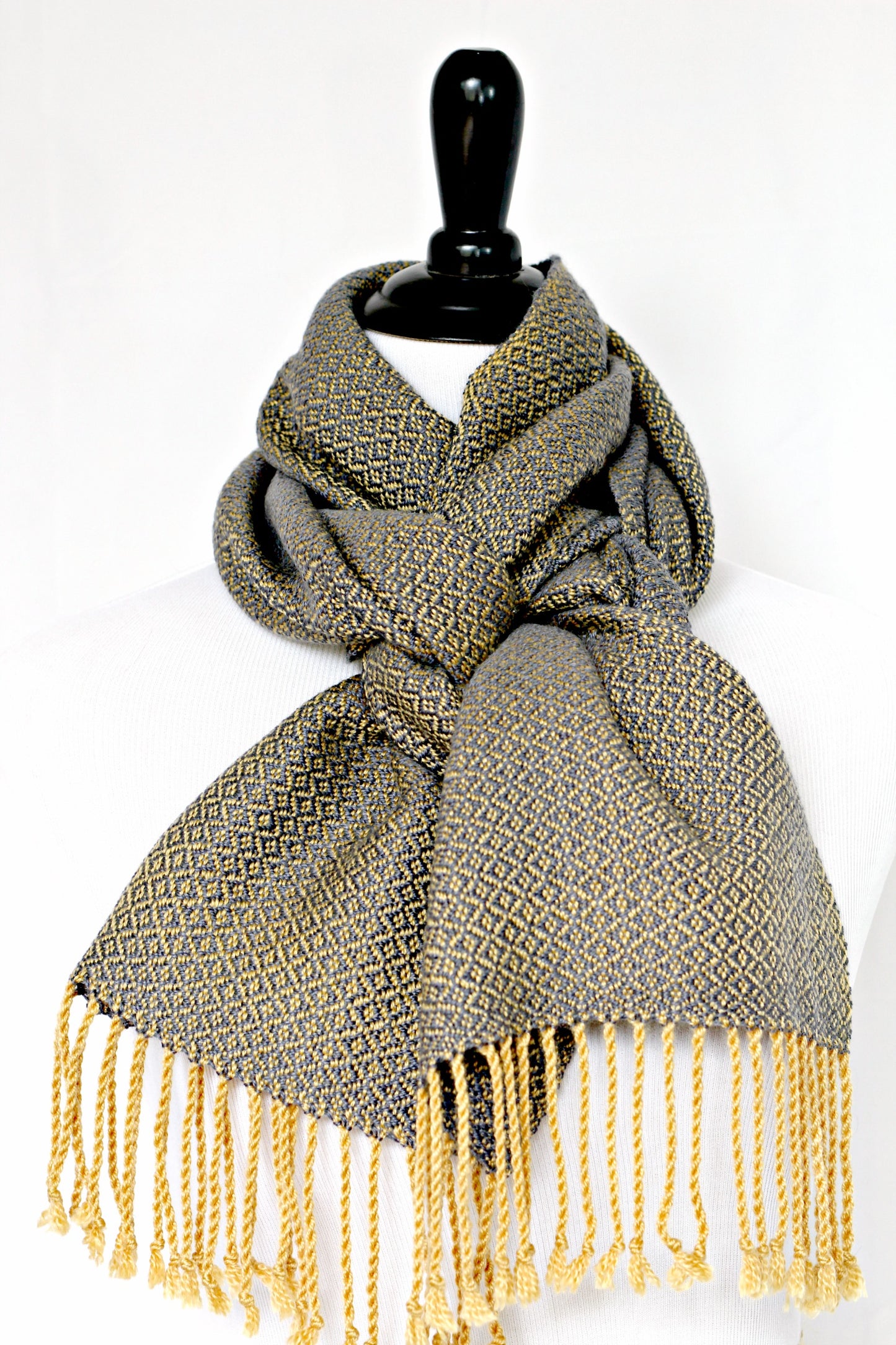 Woven scarf in mustard grey colors in merino wool and tencel