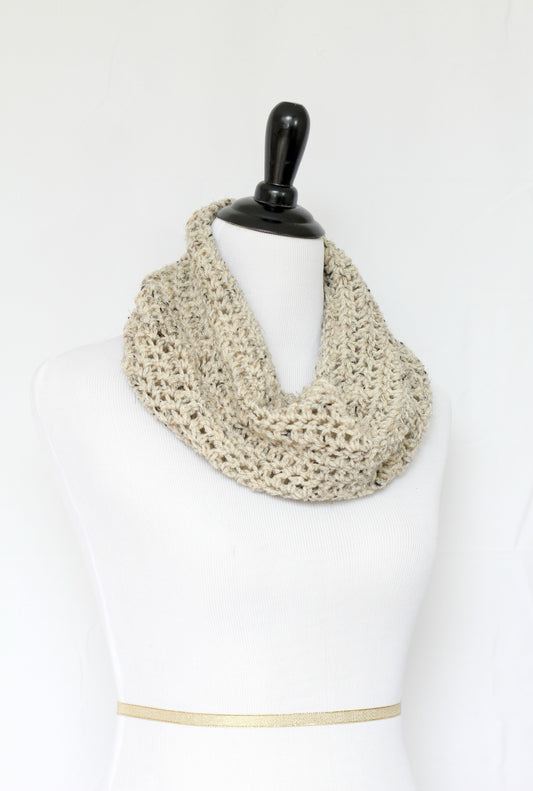 Crochet infinity scarf in beige color, chunky cowl