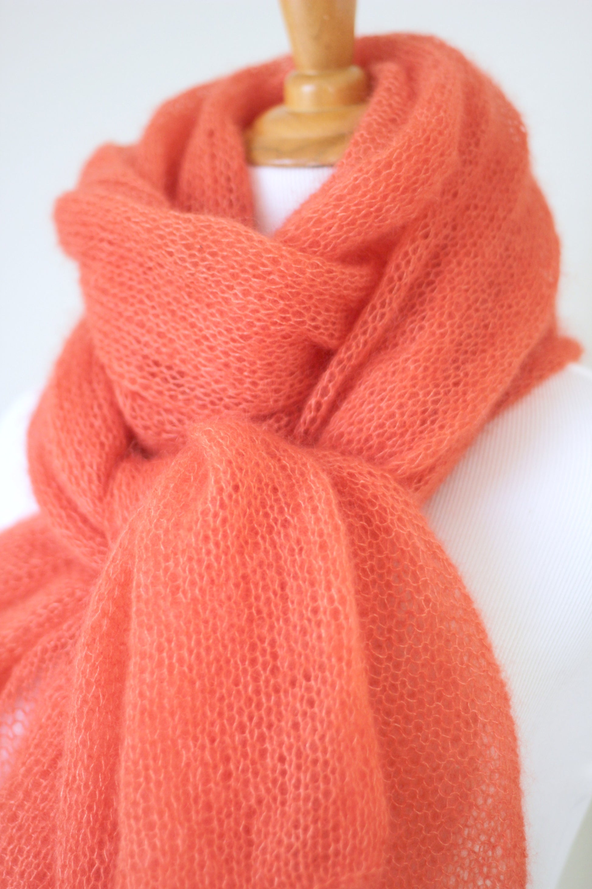 Knit scarf in silk mohair blend in burnt orange red color