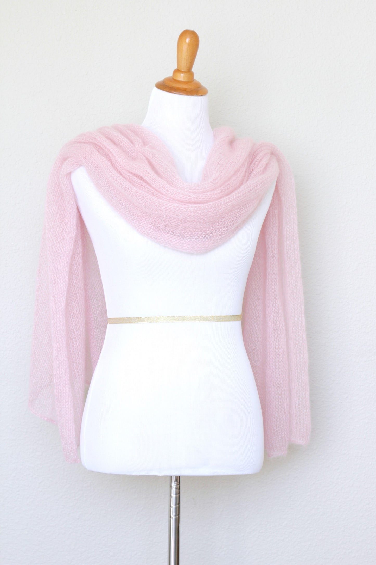 Knit shawl in silk mohair blend in soft pink color