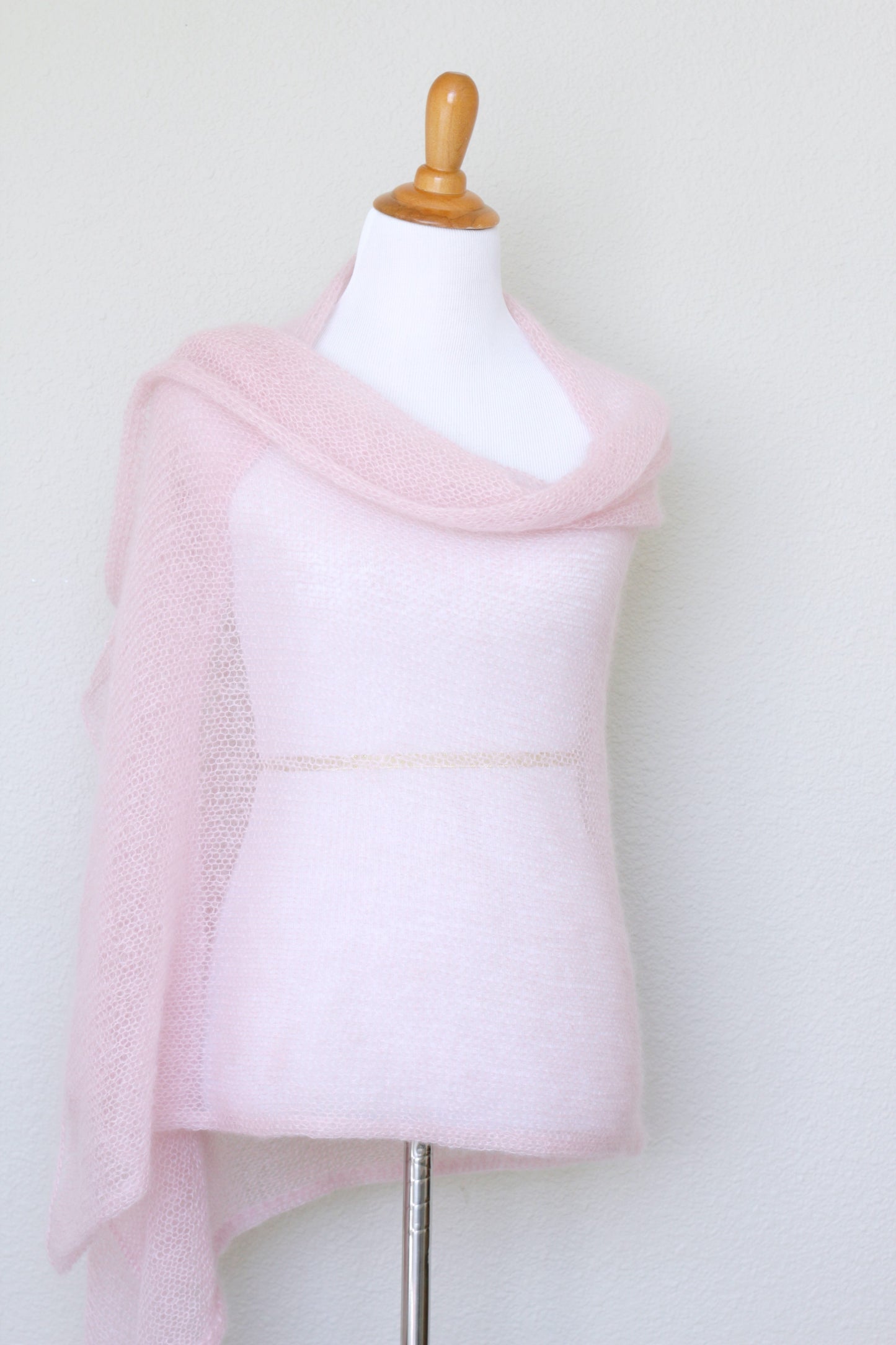 Knit shawl in silk mohair blend in soft pink color