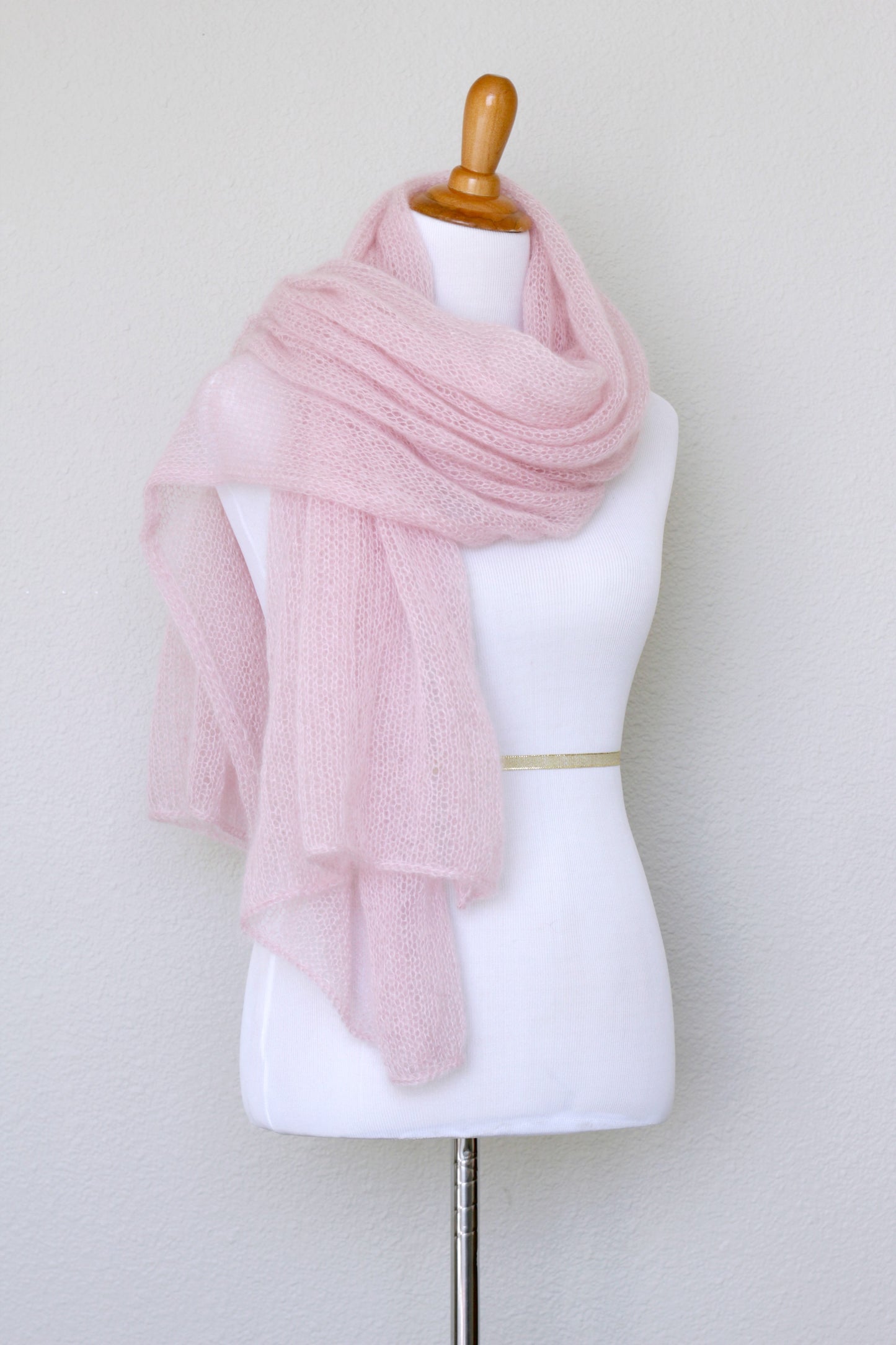 Knit shawl in silk mohair blend in soft pink color