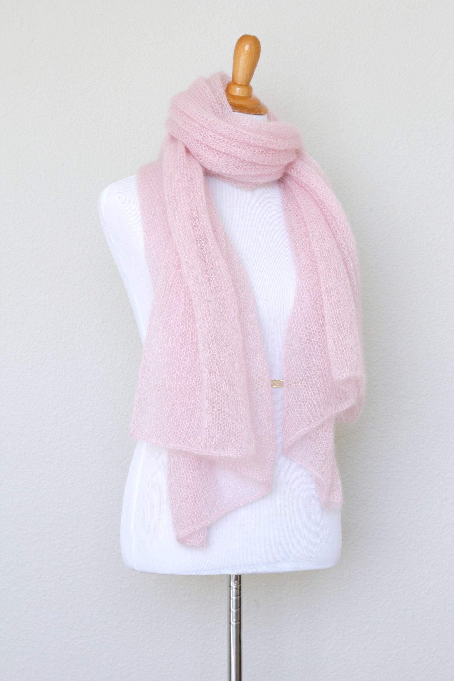 Knit shawl in silk mohair blend in soft pink color