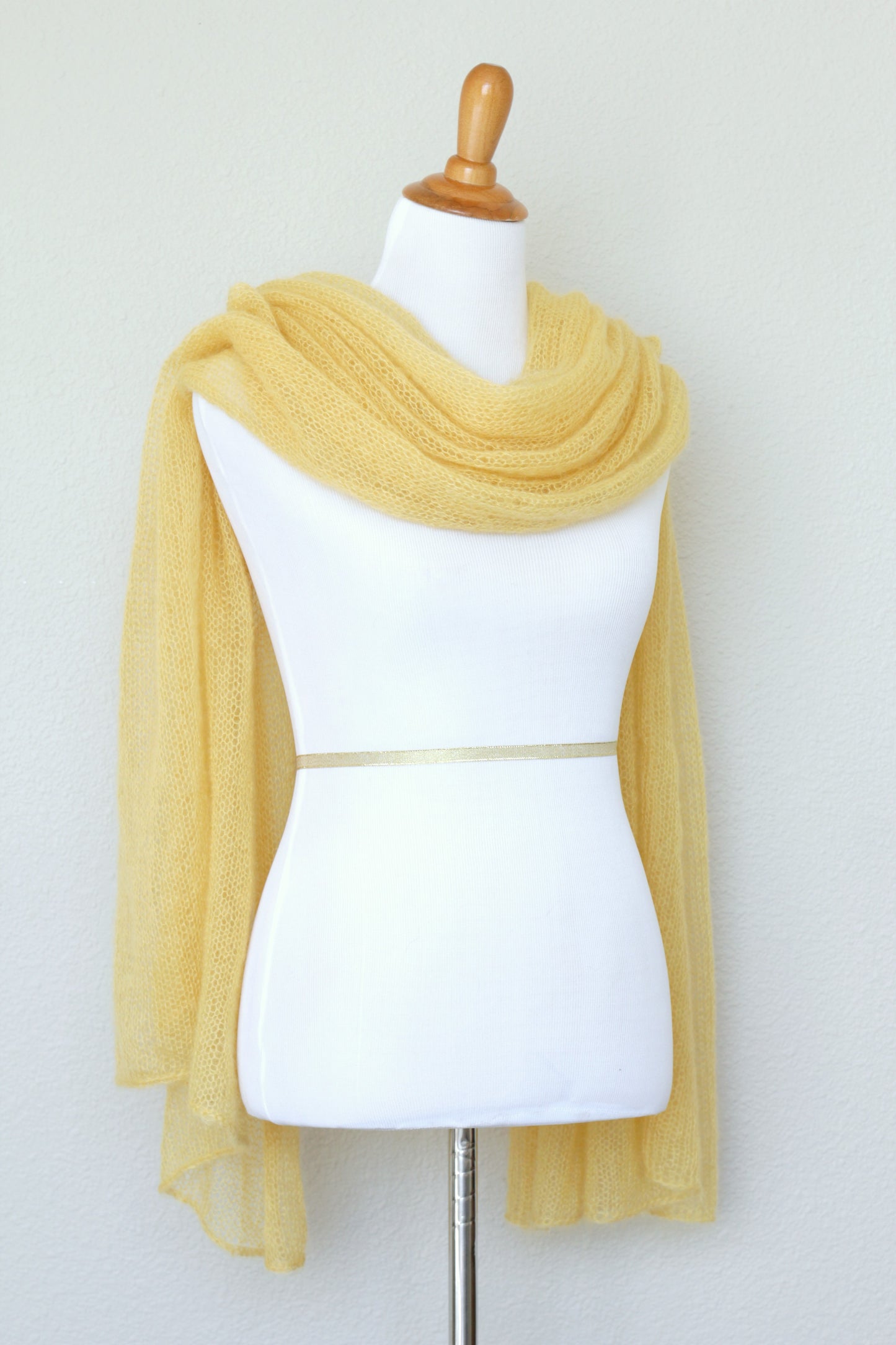 Knit wrap in silk mohair blend in yellow color