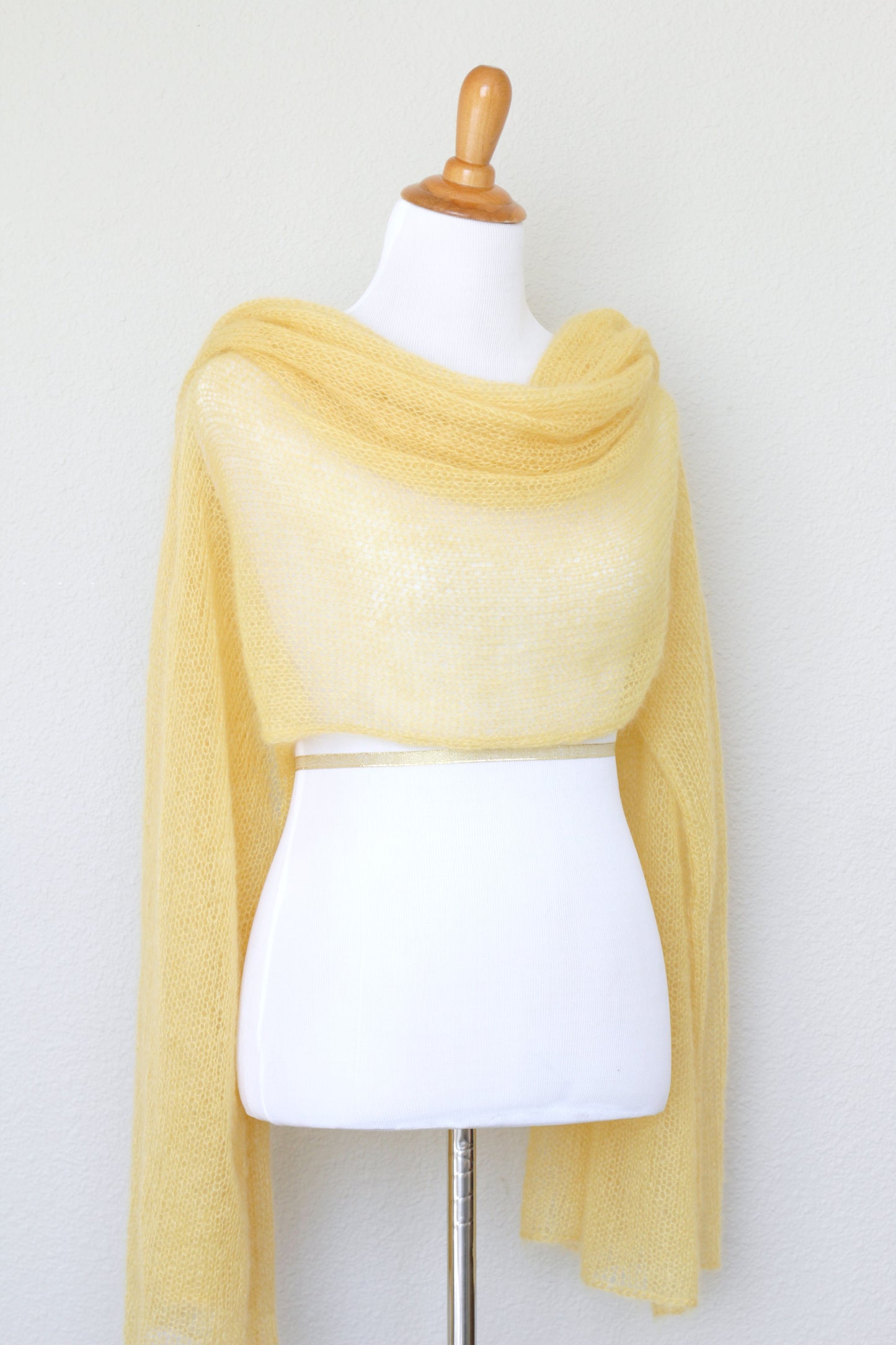 Knit wrap in silk mohair blend in yellow color