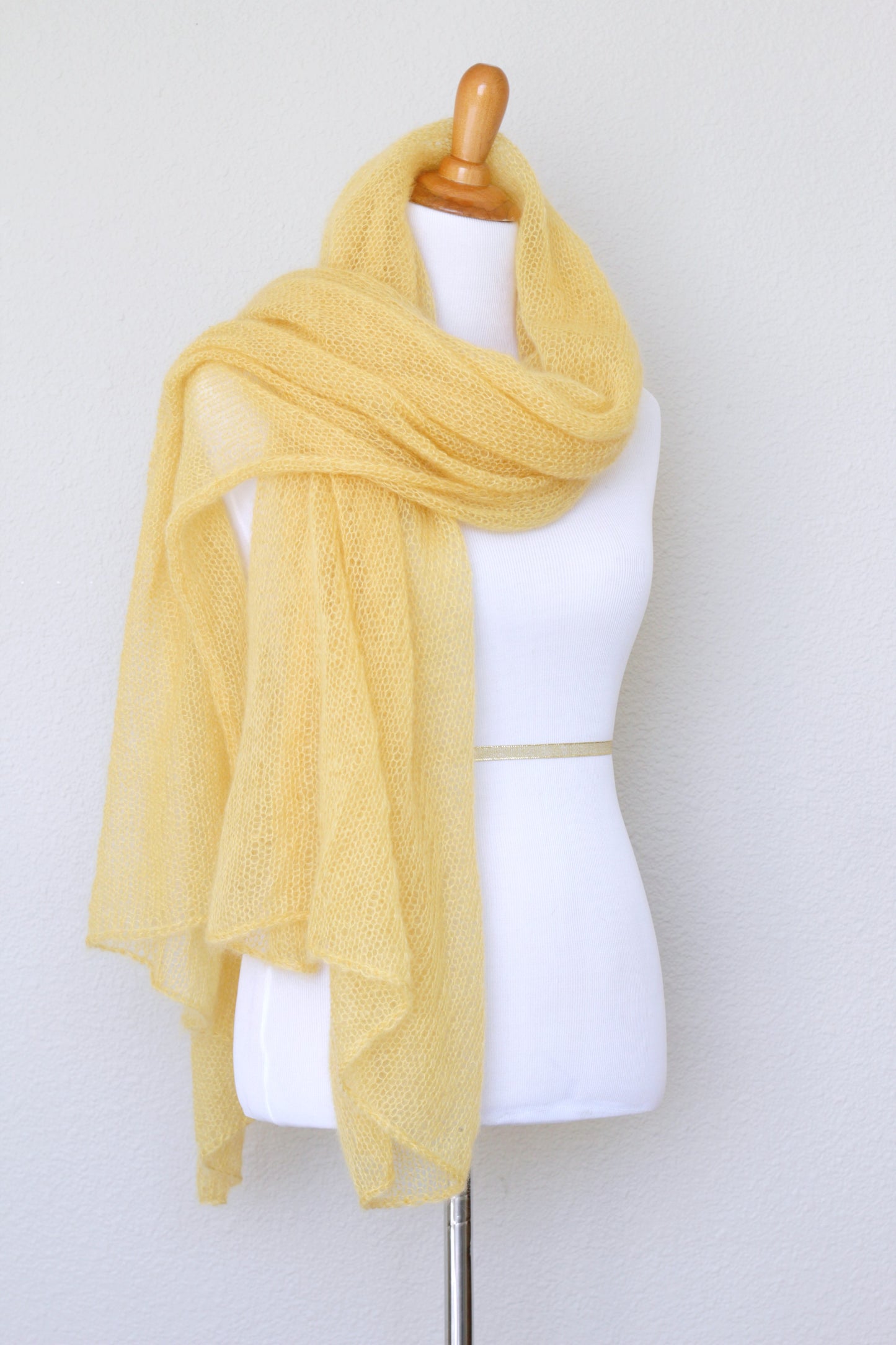 Knit wrap in silk mohair blend in yellow color