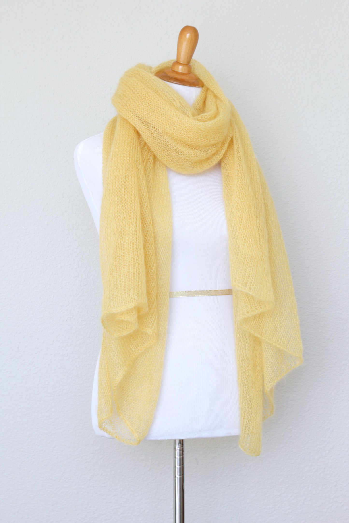 Knit wrap in silk mohair blend in yellow color