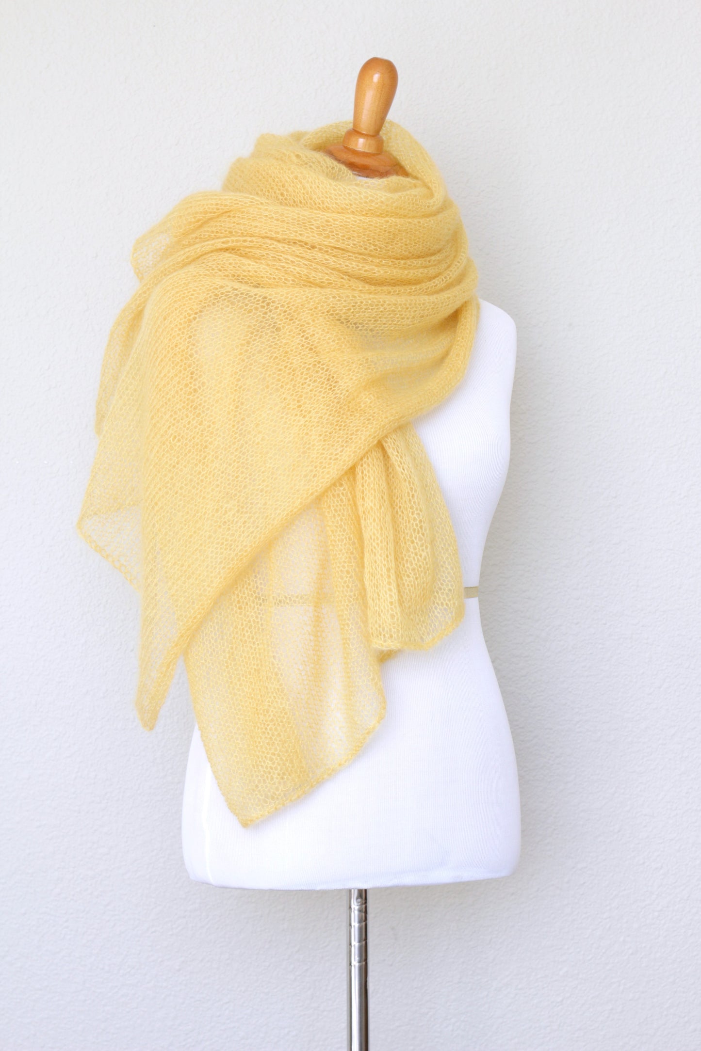 Knit wrap in silk mohair blend in yellow color