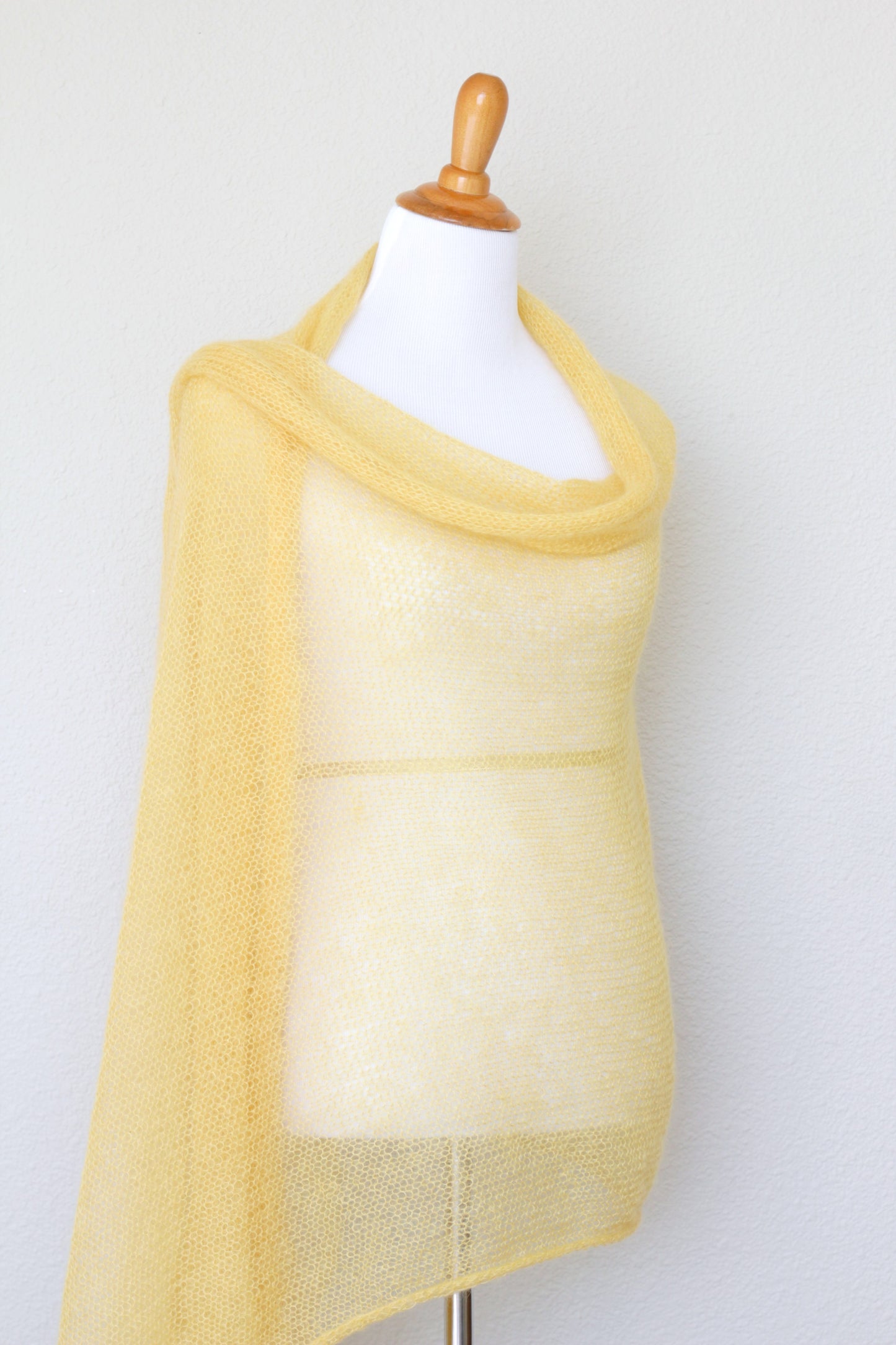 Knit wrap in silk mohair blend in yellow color