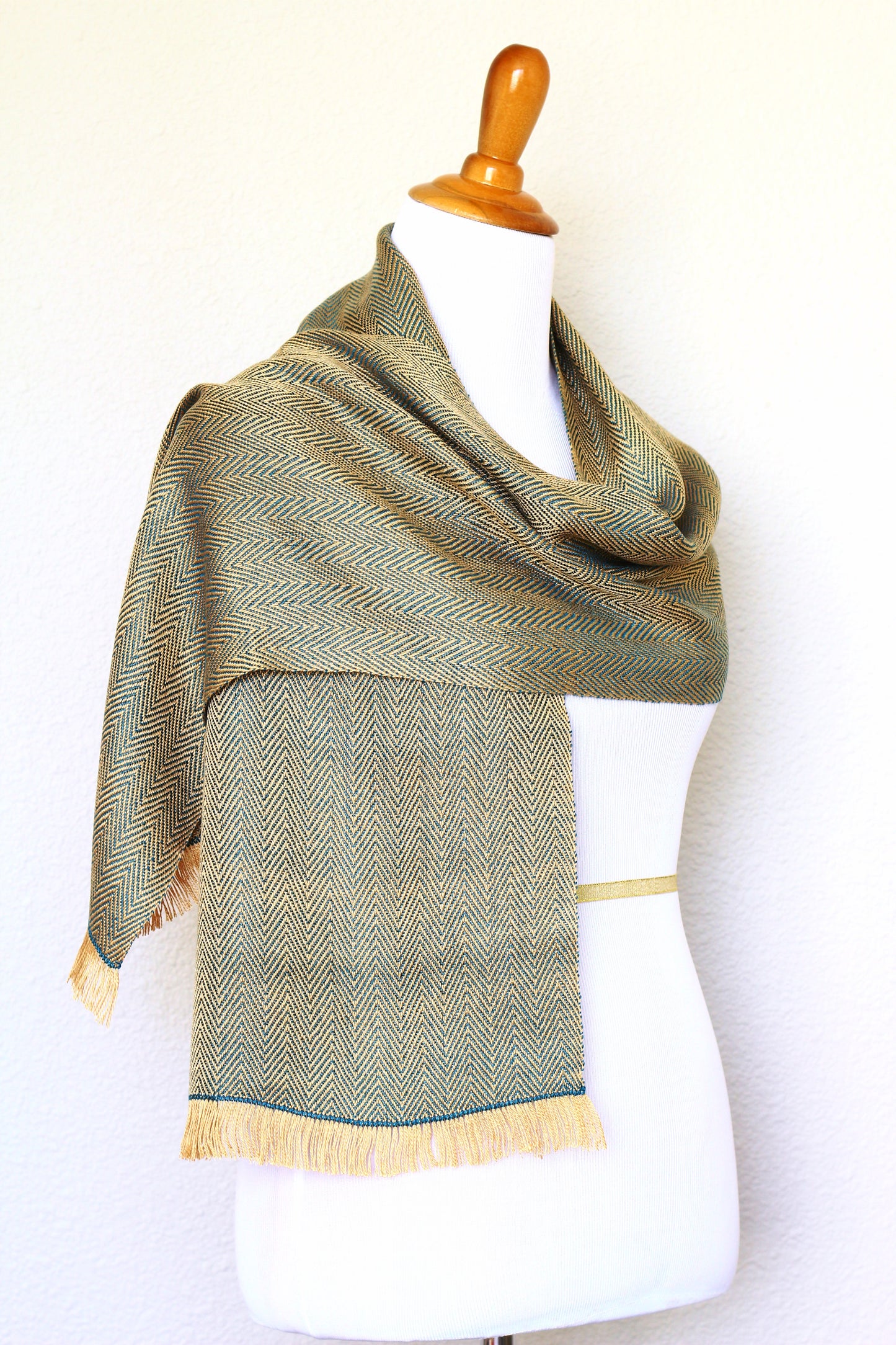 Woven scarf in gold and teal colors with twill pattern, Eucalyptus scarf with fringe