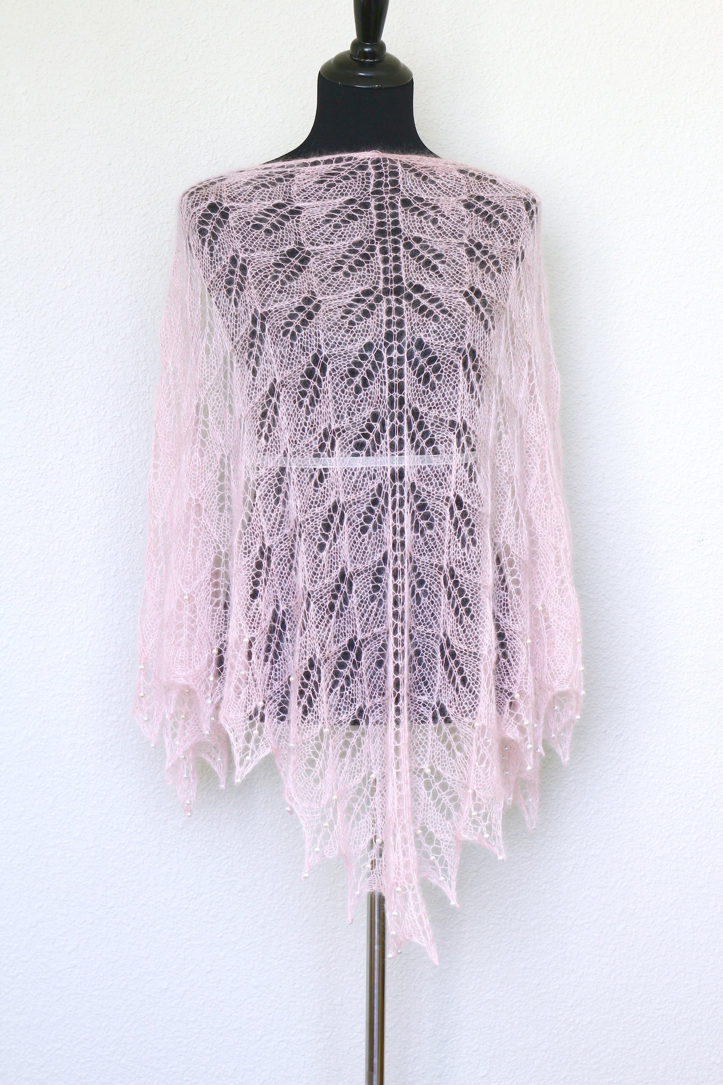 Knit shawl with pearls, silk mohair shawl in soft pink color, pink shawl