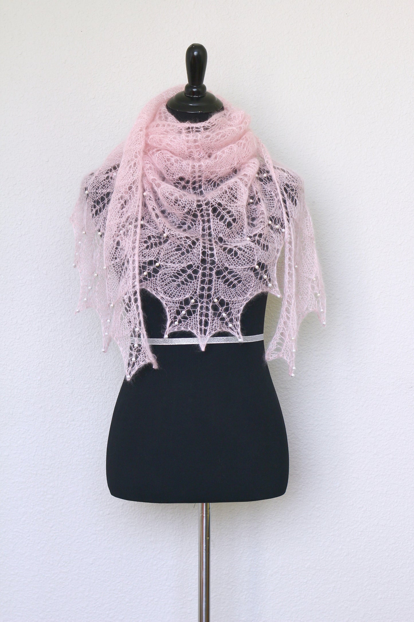 Knit shawl with pearls, silk mohair shawl in soft pink color, pink shawl