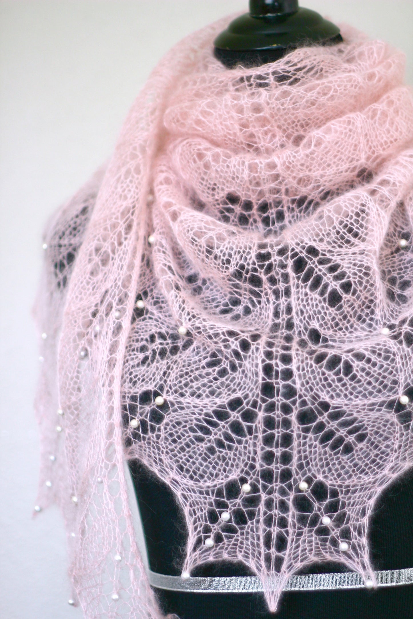 Knit shawl with pearls, silk mohair shawl in soft pink color, pink shawl