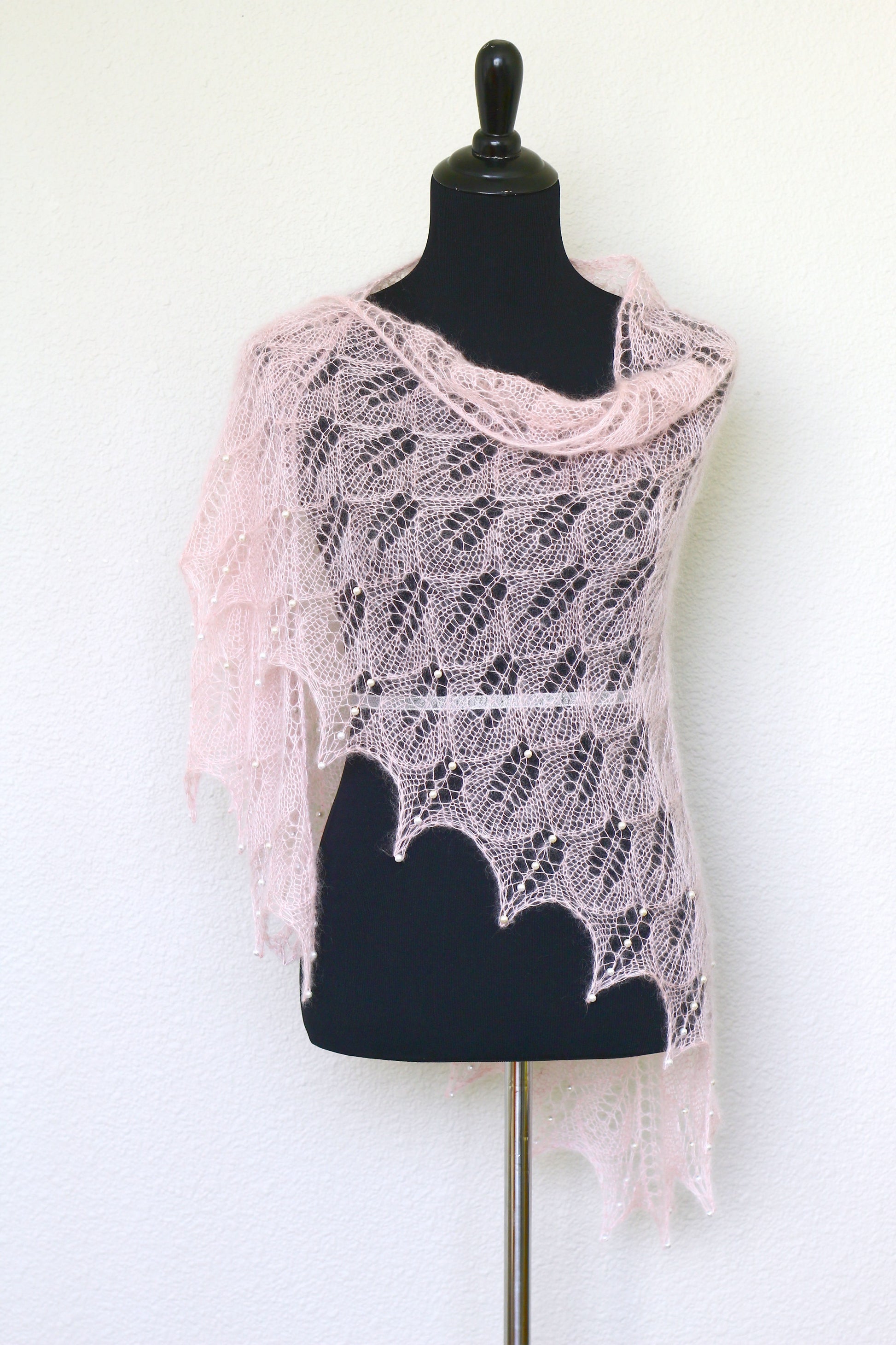 Knit shawl with pearls, silk mohair shawl in soft pink color, pink shawl