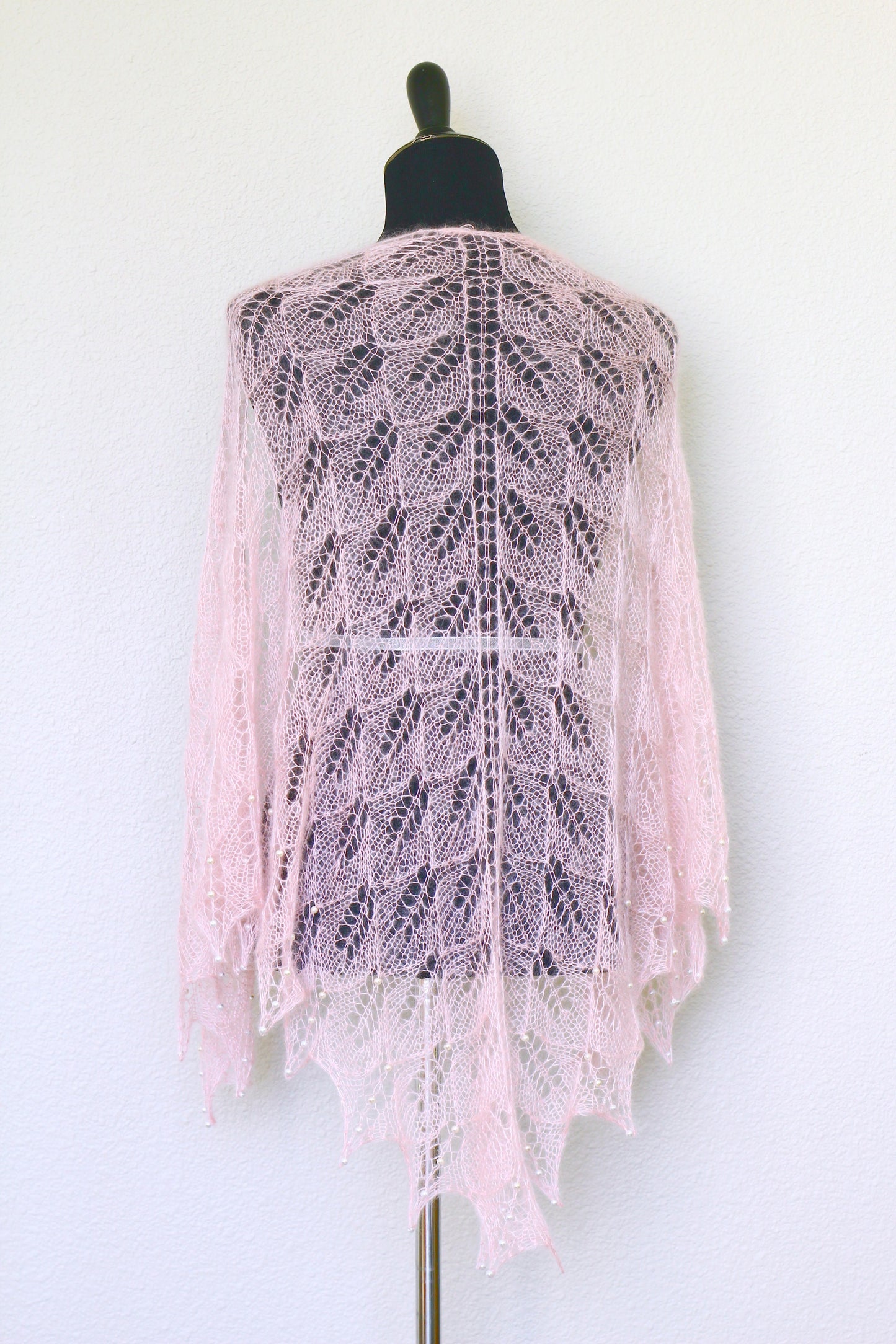 Knit shawl with pearls, silk mohair shawl in soft pink color, pink shawl