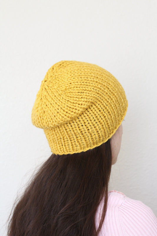 Beanie hat, knit hat, slouchy hat, knit beanie in mustard yellow color