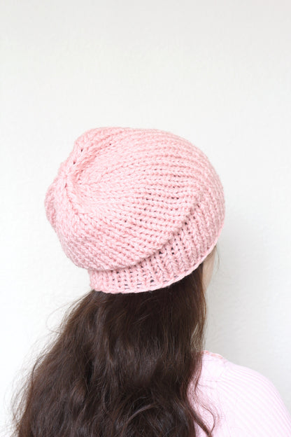 Beanie hat, knit hat, slouchy hat, knit beanie in soft pink color