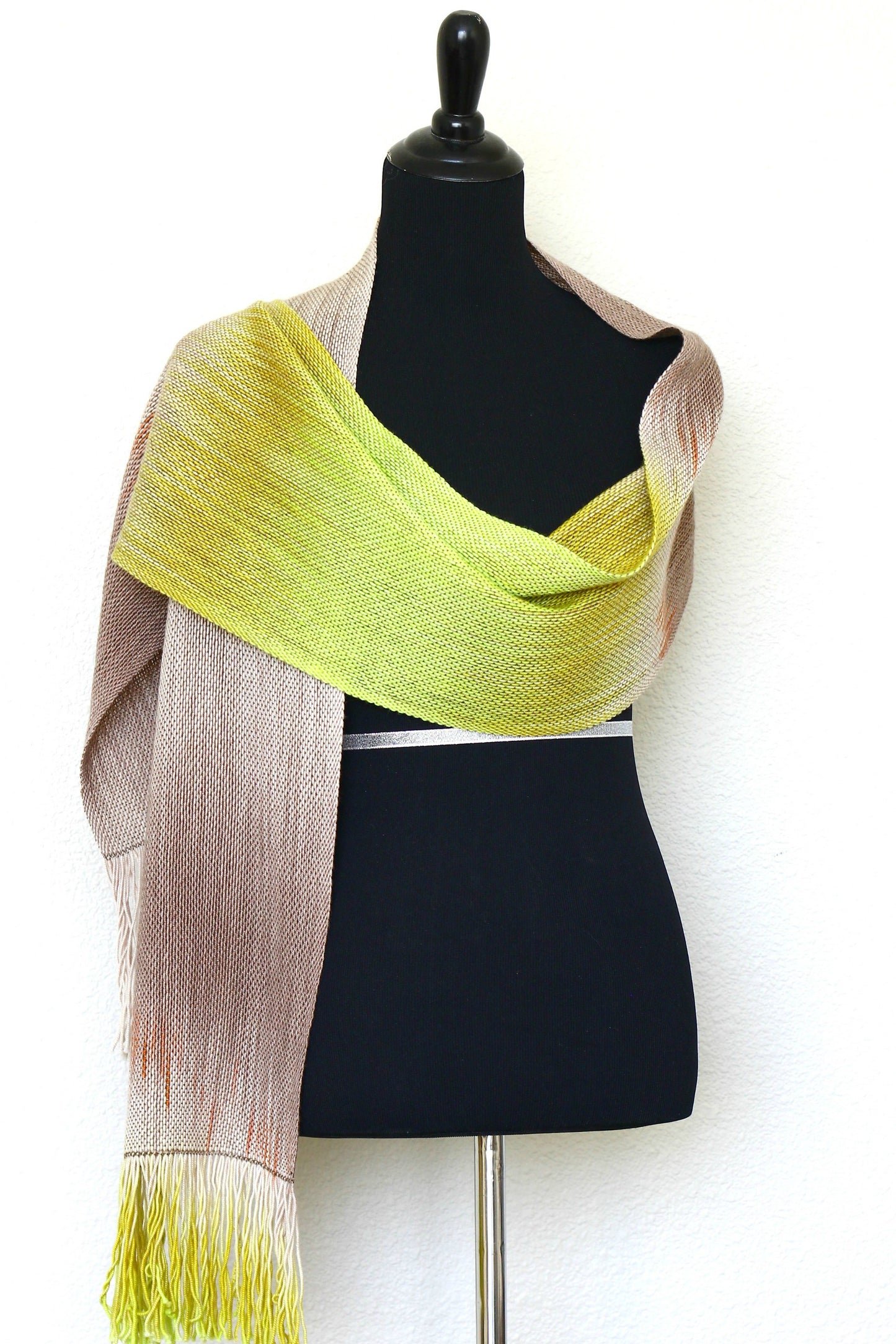 Woven scarf in beige and citron green colors, gift for her, gift for him