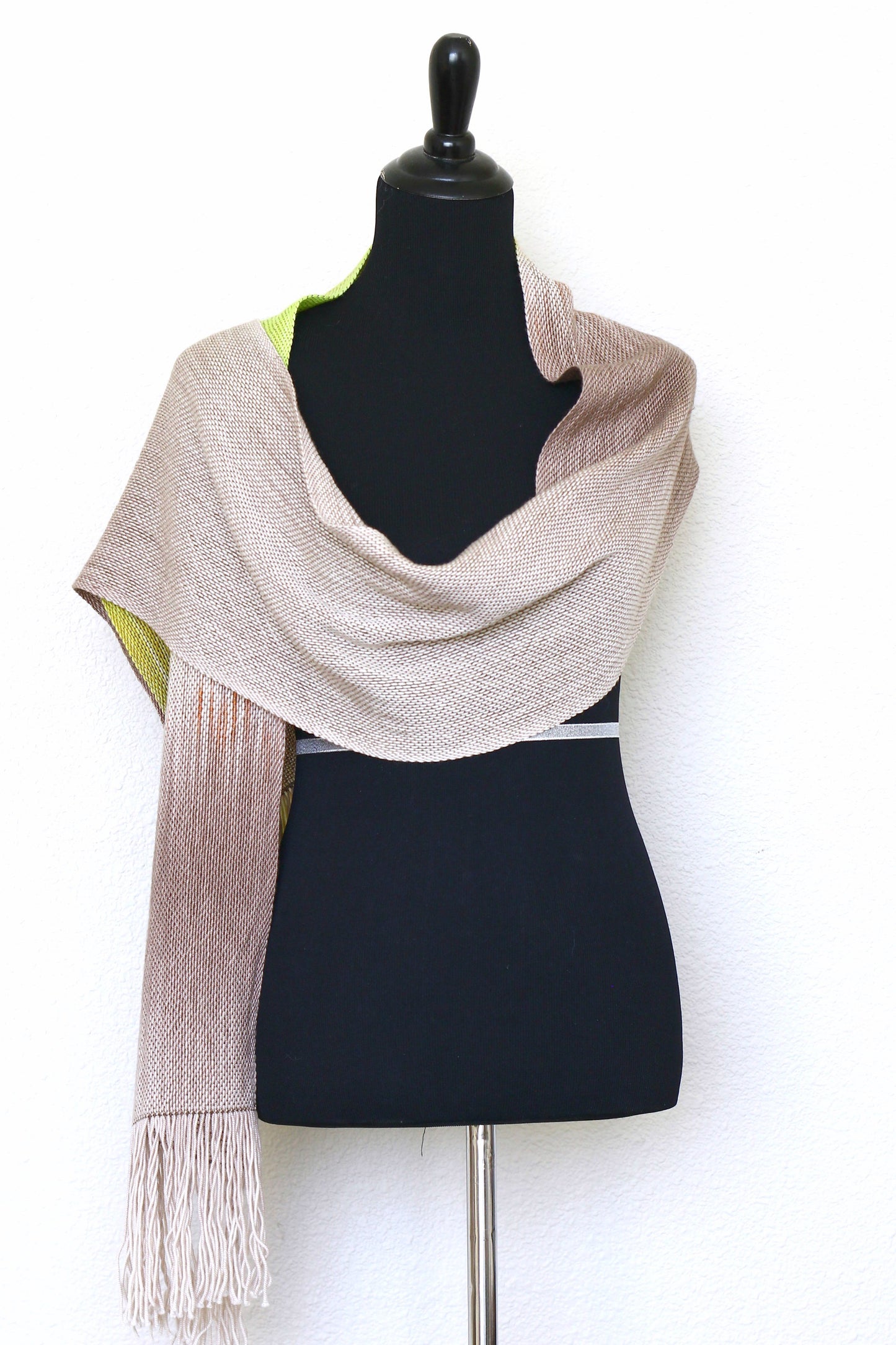 Woven scarf in beige and citron green colors, gift for her, gift for him