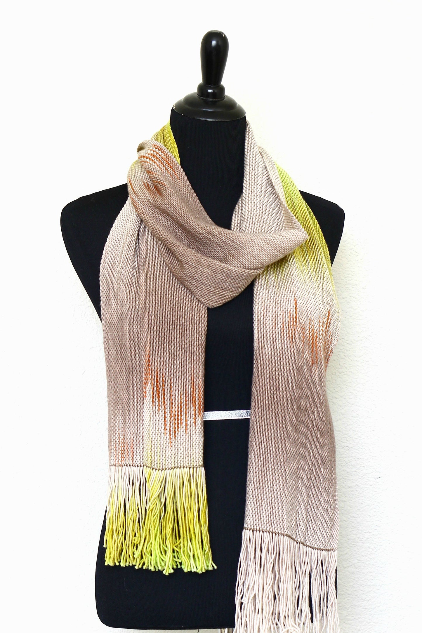 Woven scarf in beige and citron green colors, gift for her, gift for him