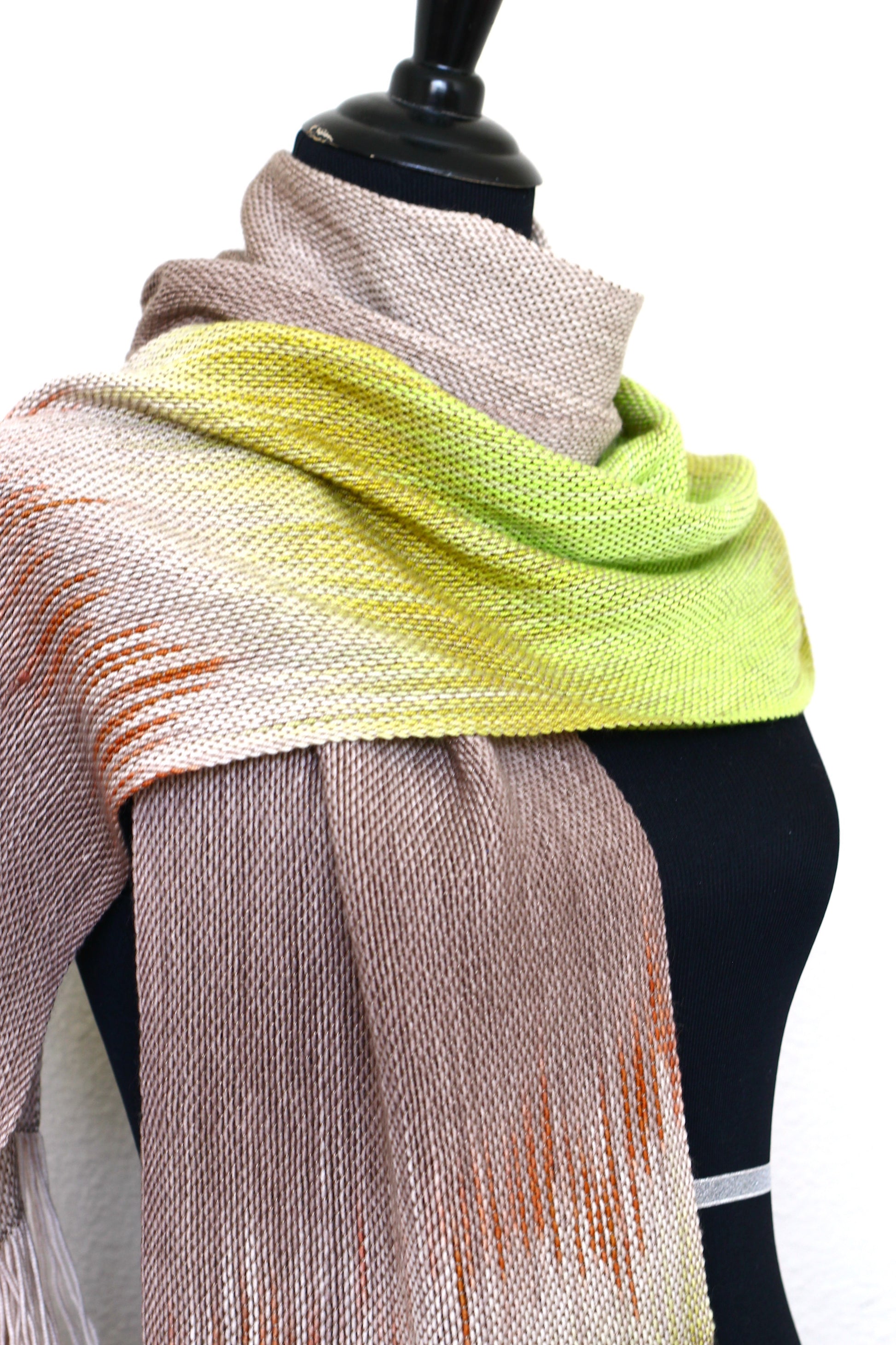 Woven scarf in beige and citron green colors, gift for her, gift for him