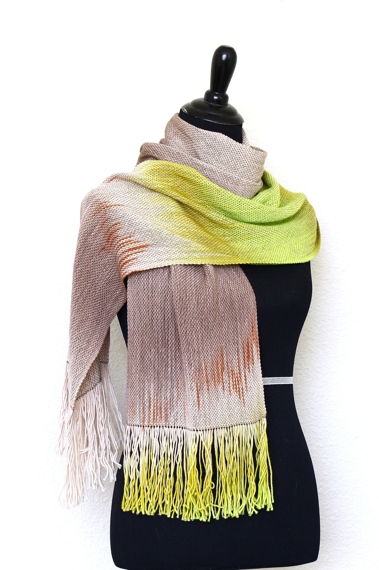 Woven scarf in beige and citron green colors, gift for her, gift for him