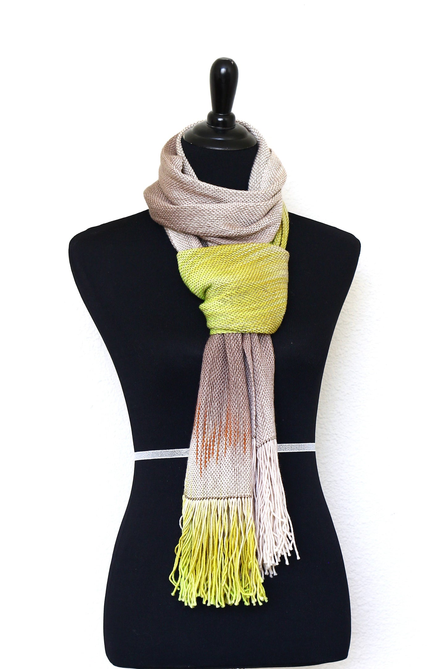 Woven scarf in beige and citron green colors, gift for her, gift for him