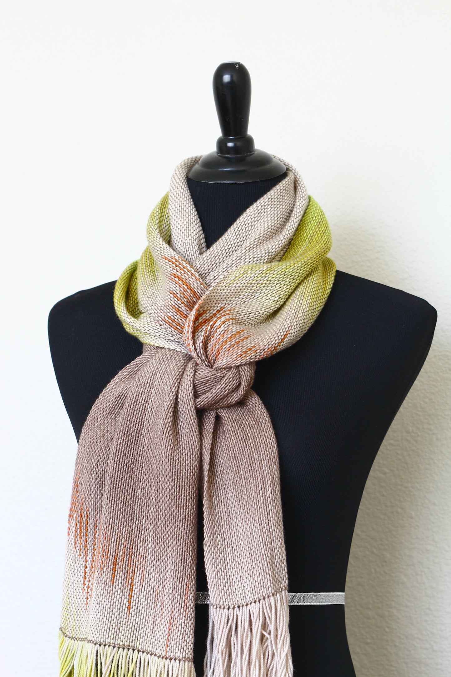 Woven scarf in beige and citron green colors, gift for her, gift for him