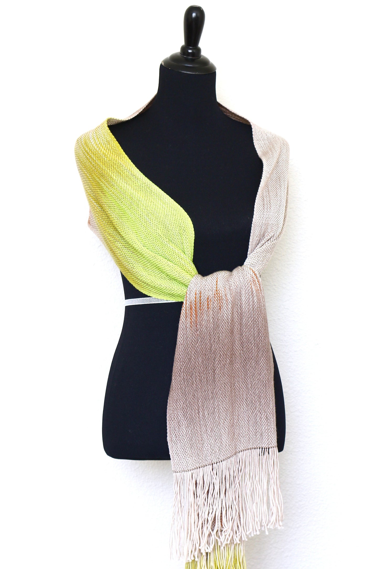 Woven scarf in beige and citron green colors, gift for her, gift for him