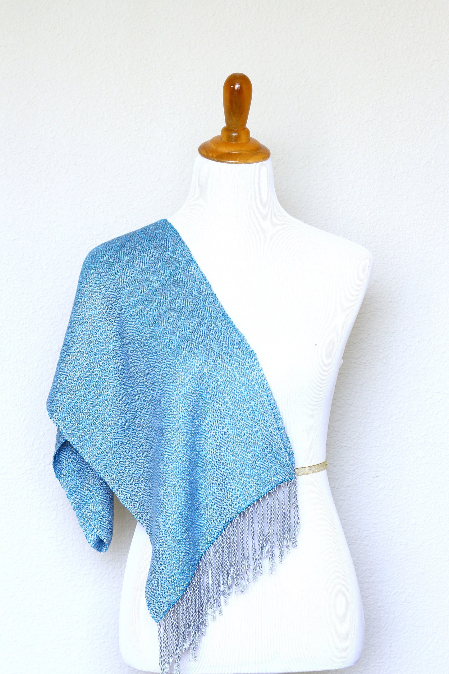 Woven scarf in blue and silver color, eucalyptus scarf with fringe