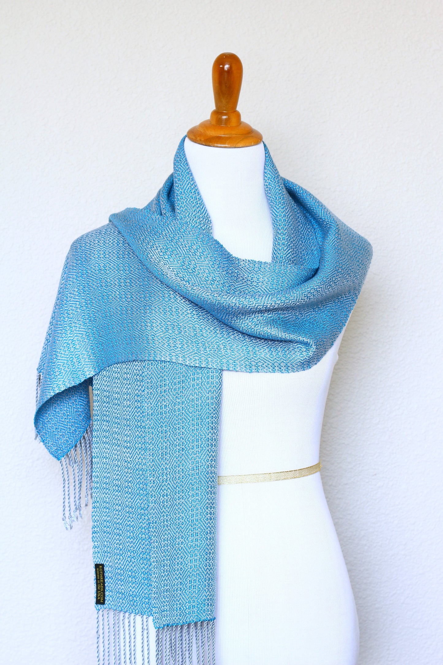 Woven scarf in blue and silver color, eucalyptus scarf with fringe