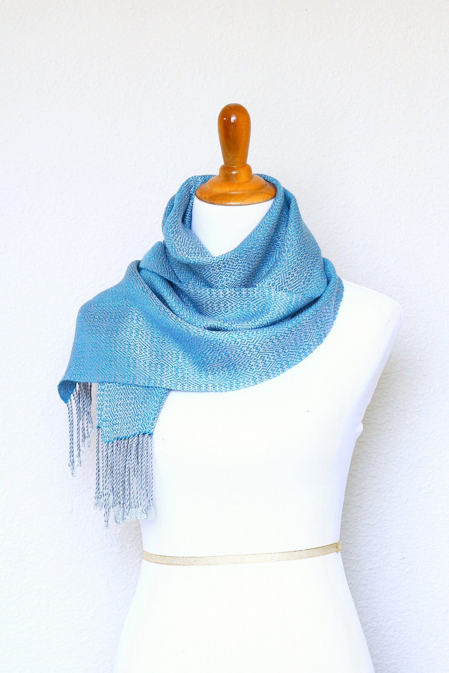 Woven scarf in blue and silver color, eucalyptus scarf with fringe