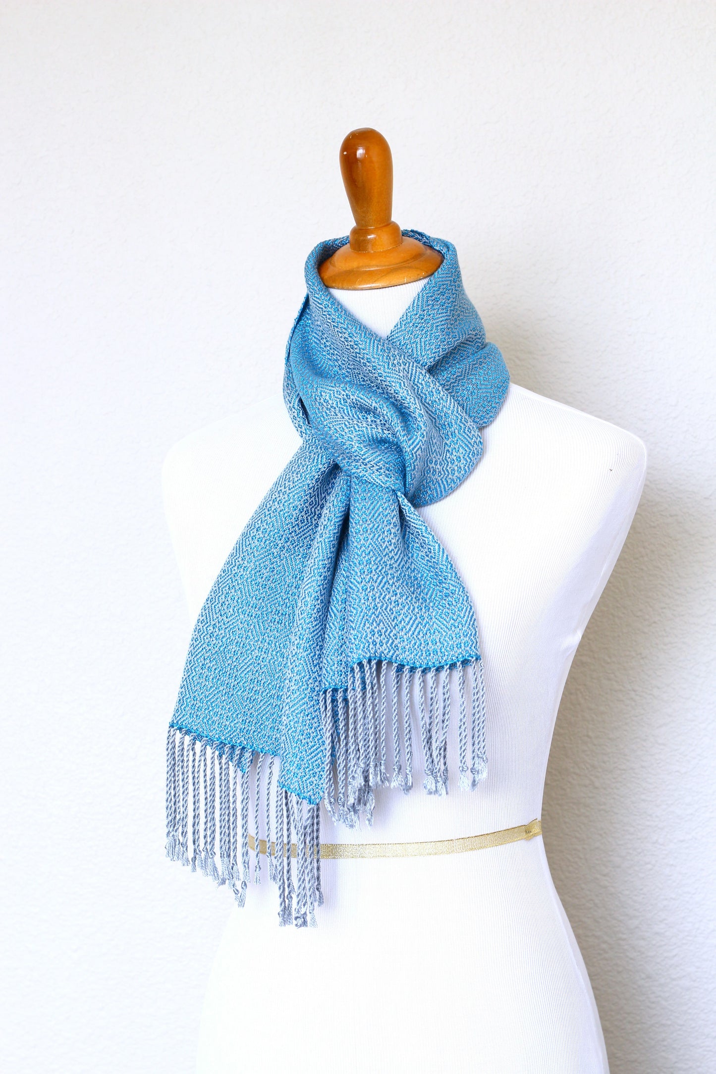 Woven scarf in blue and silver color, eucalyptus scarf with fringe