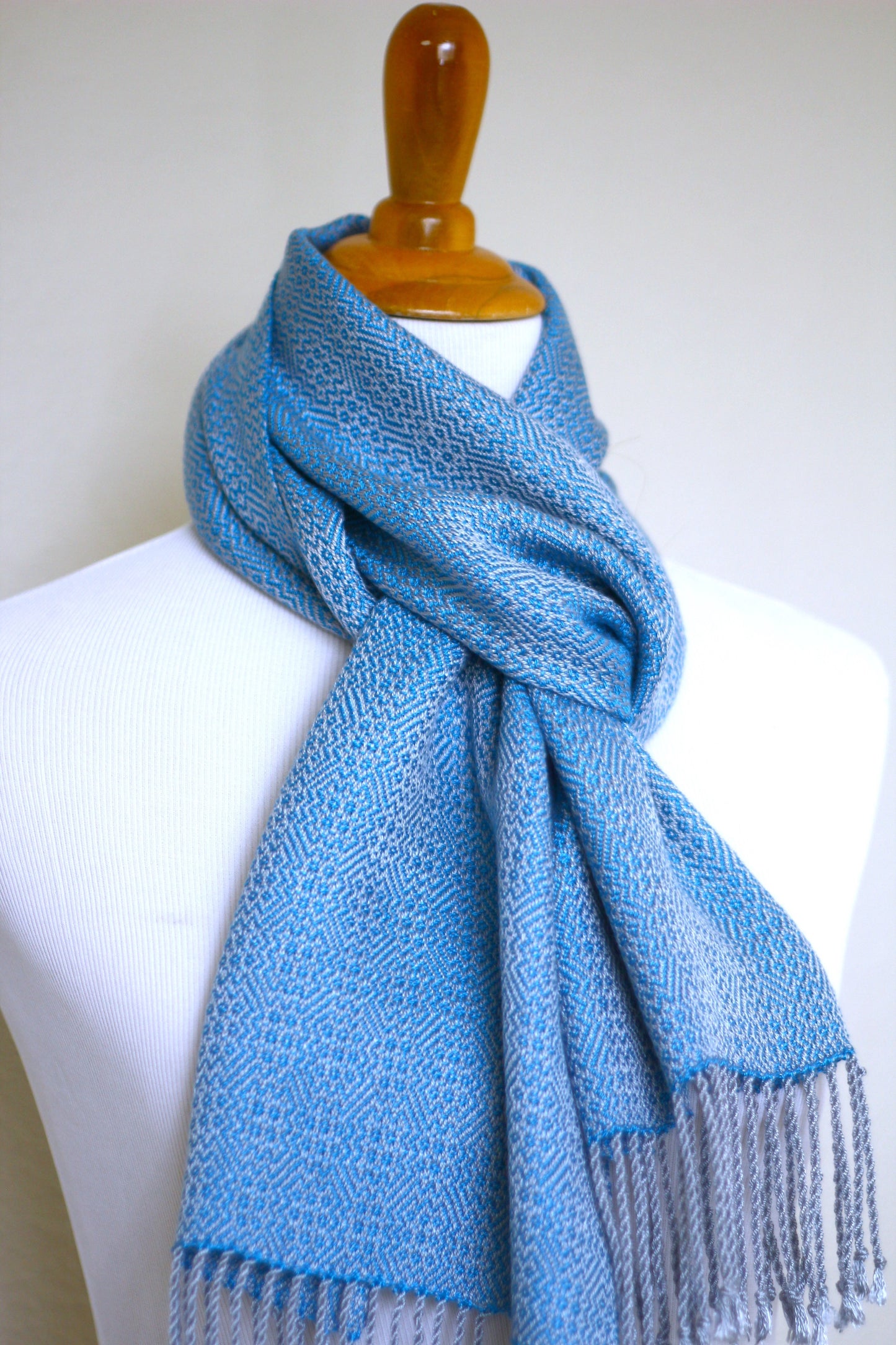 Woven scarf in blue and silver color, eucalyptus scarf with fringe