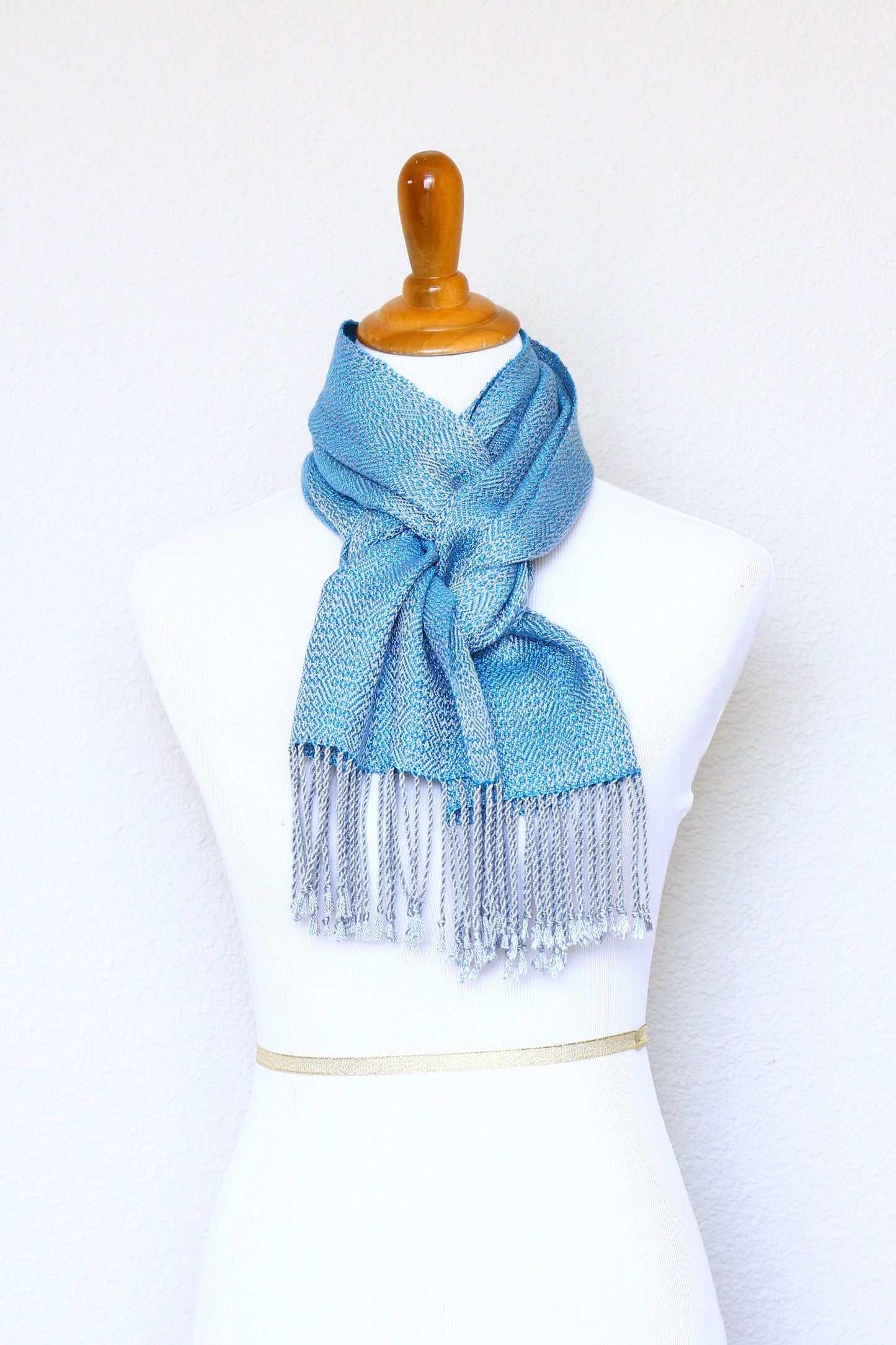 Woven scarf in blue and silver color, eucalyptus scarf with fringe