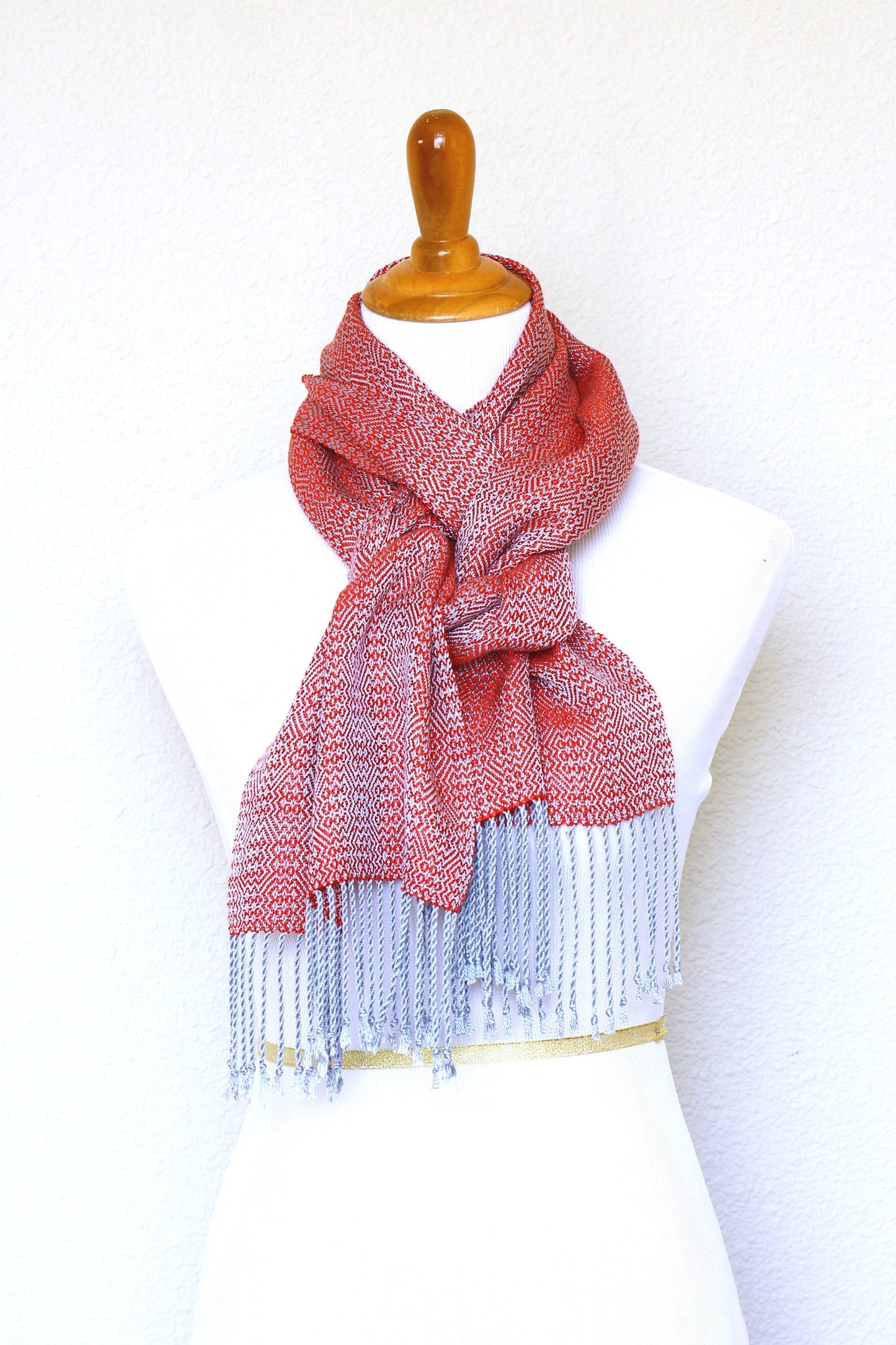 Woven scarf in red and silver color, eucalyptus scarf with fringe