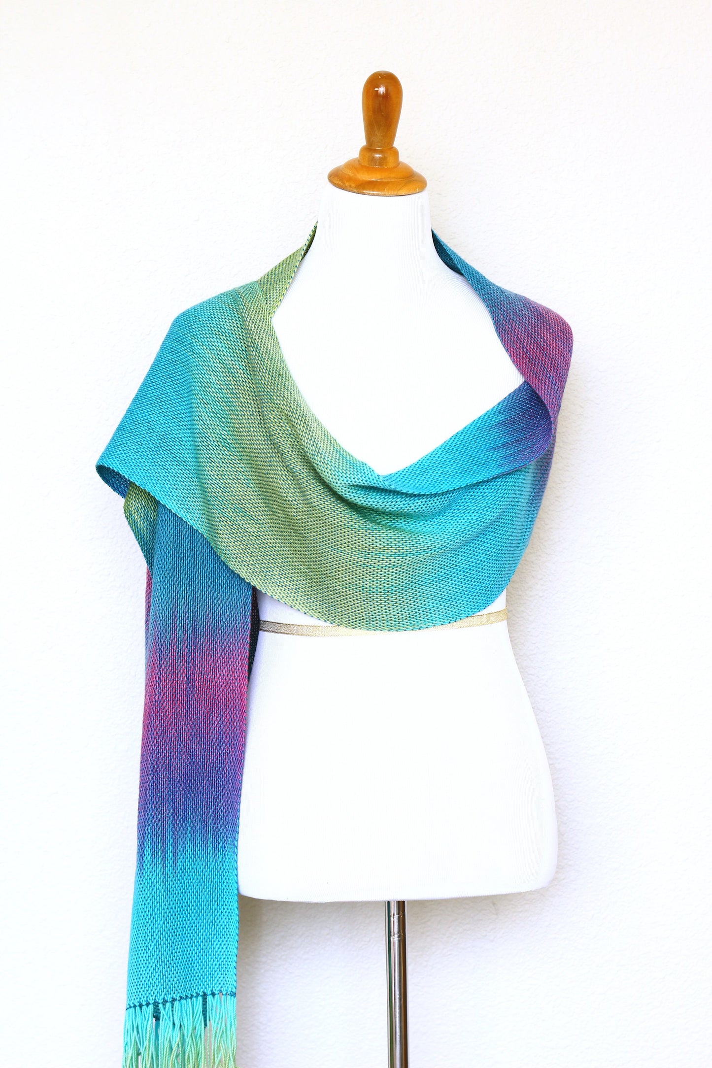 Woven scarf in purple, green and blue colors, gift for her