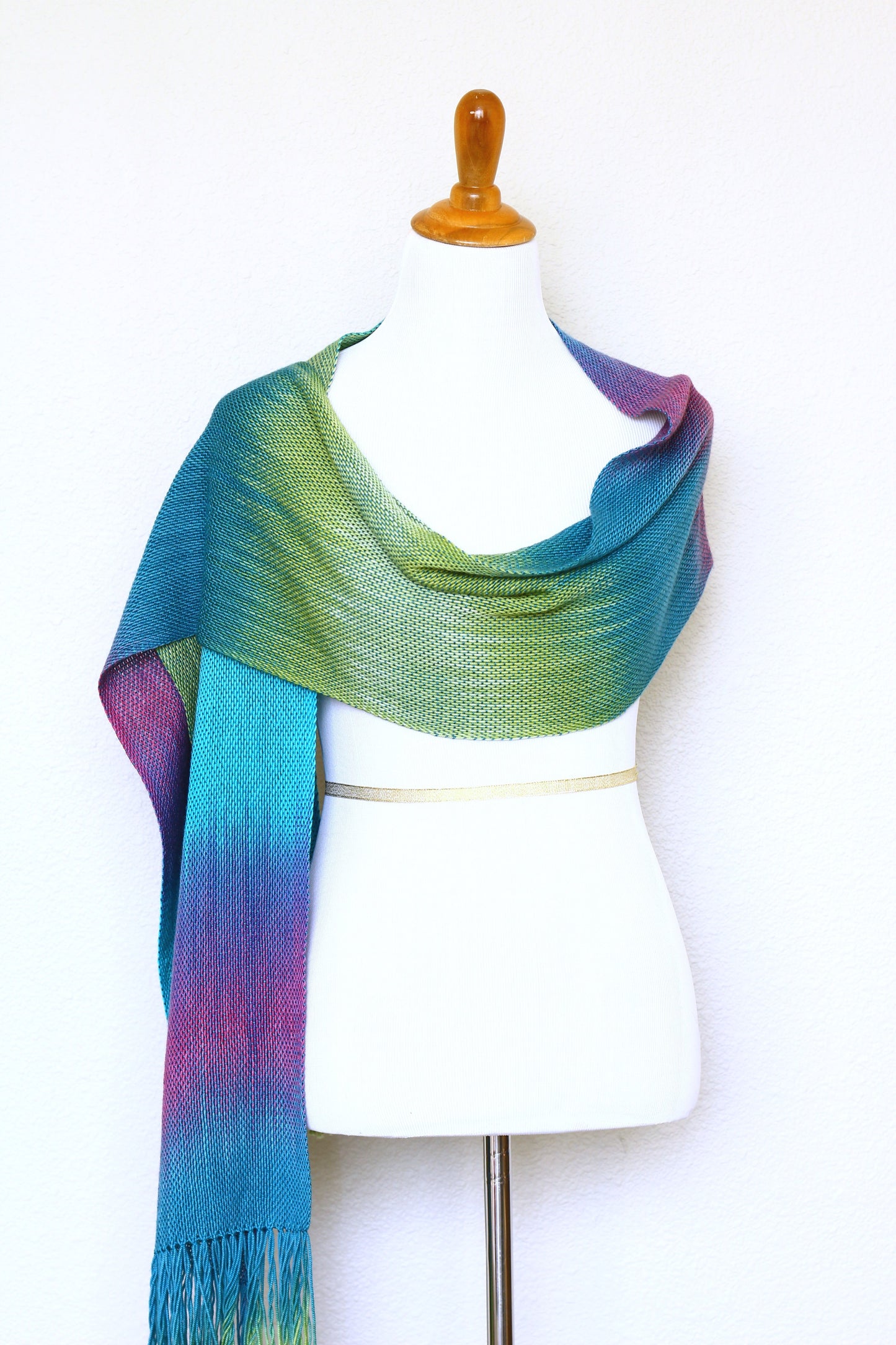 Woven scarf in purple, green and blue colors, gift for her