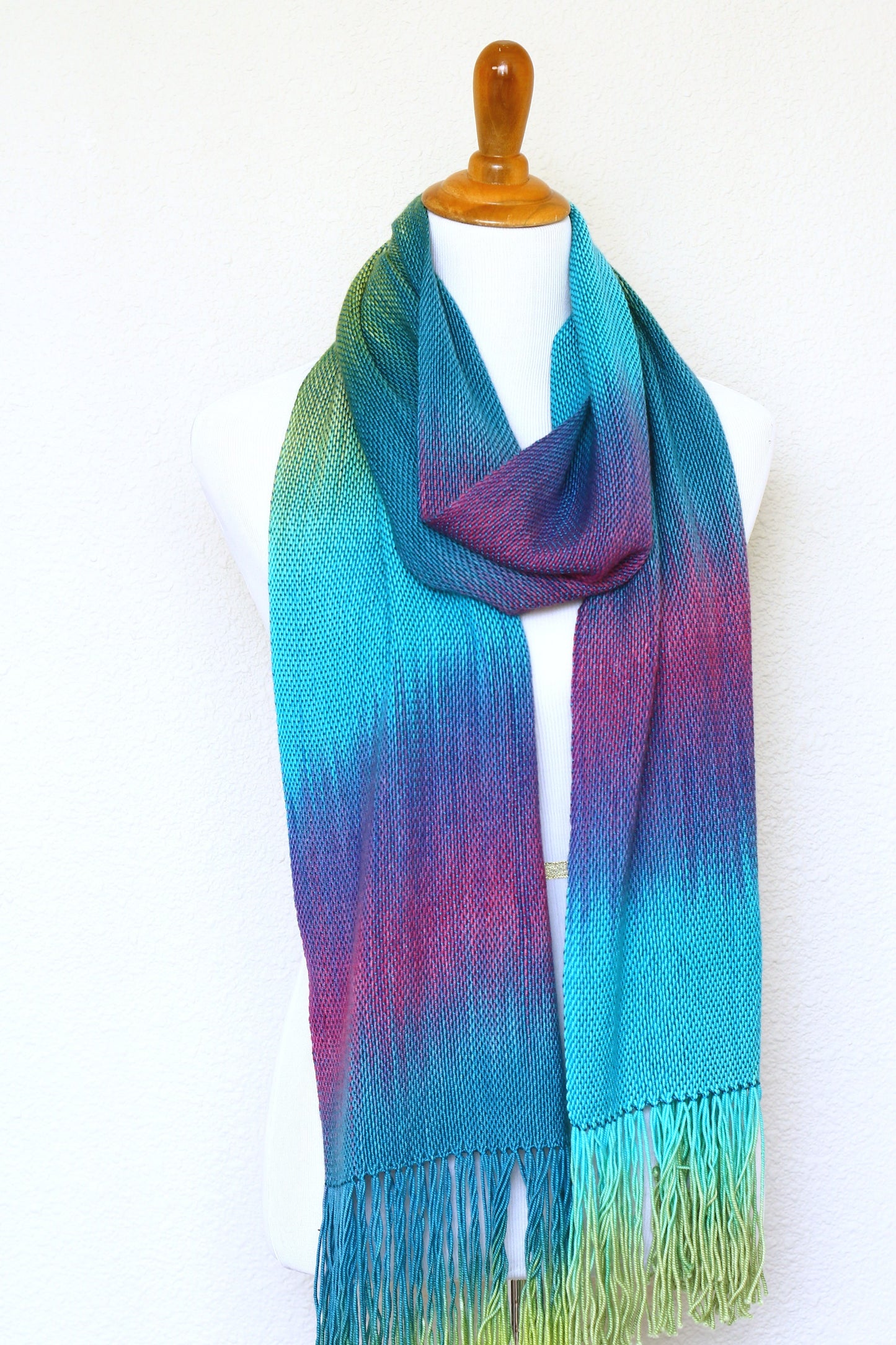 Woven scarf in purple, green and blue colors, gift for her