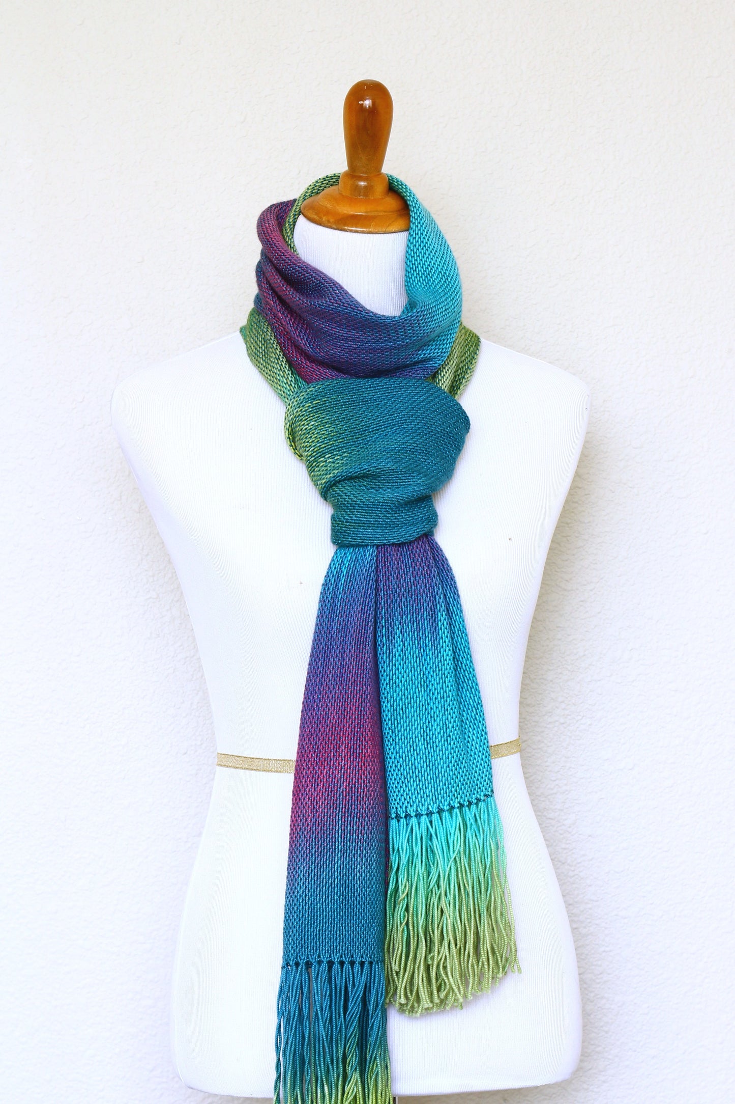 Woven scarf in purple, green and blue colors, gift for her