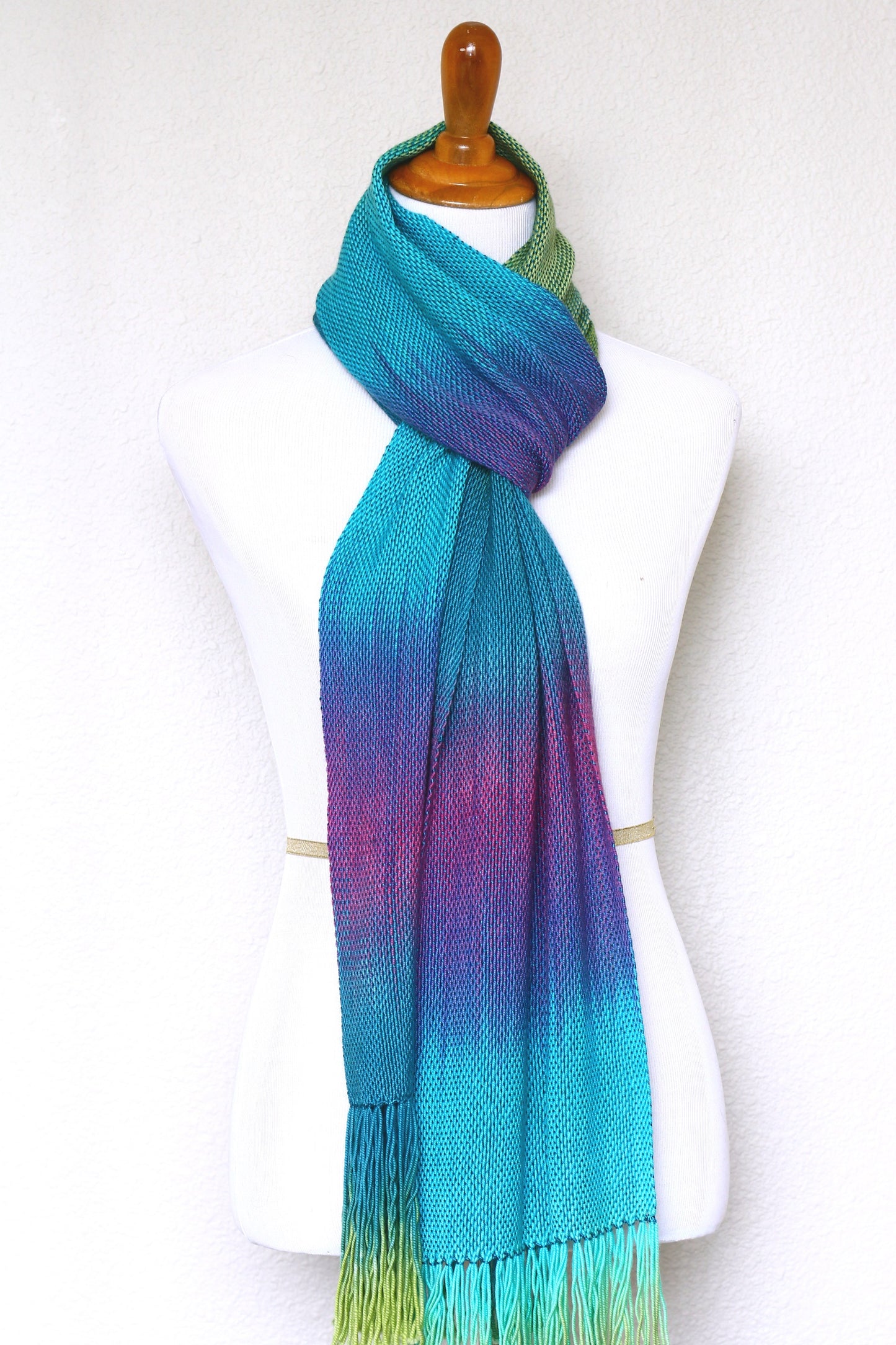 Woven scarf in purple, green and blue colors, gift for her