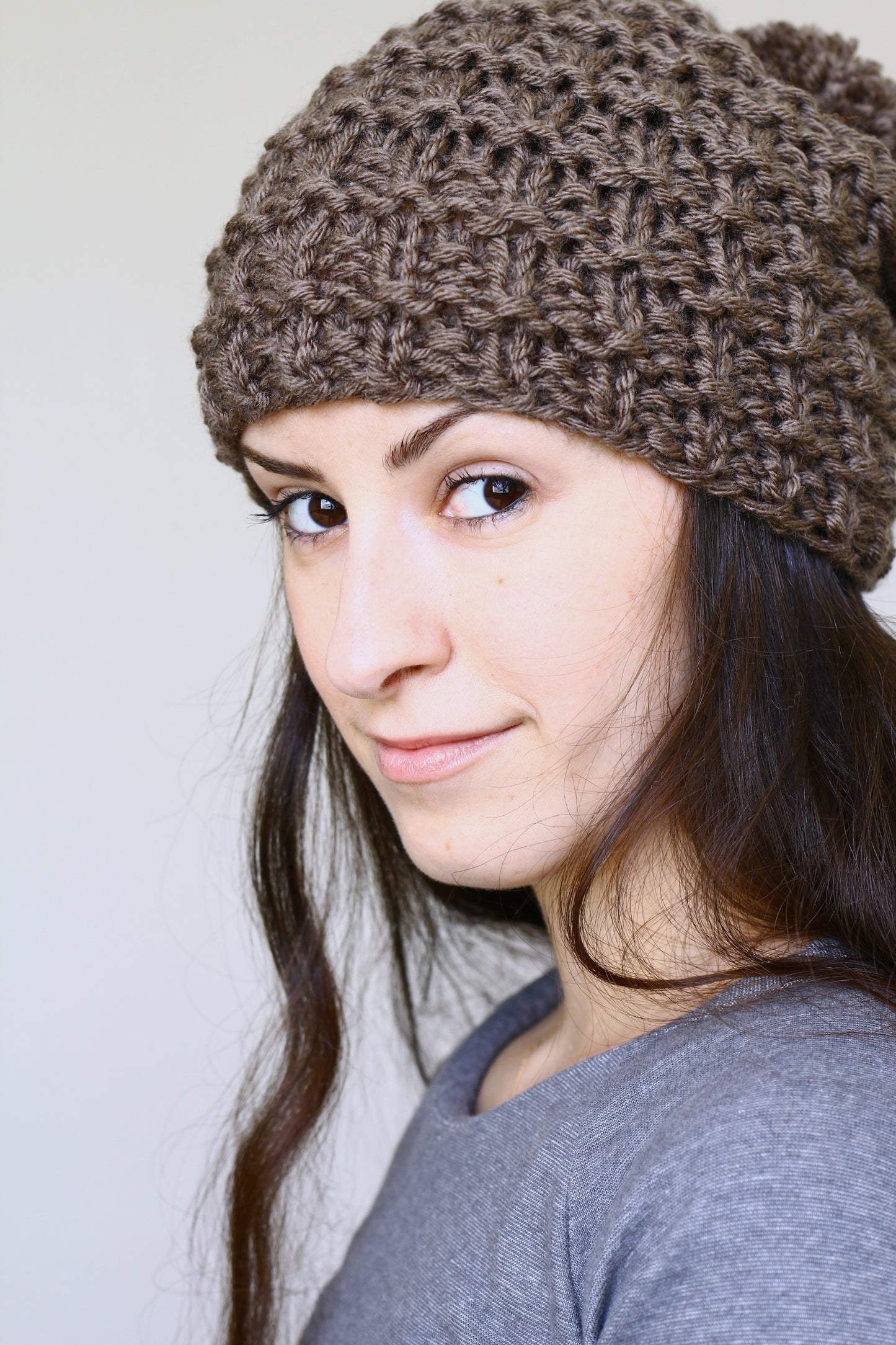 Knit beanie hat, slouchy hat with pom in taupe brown color