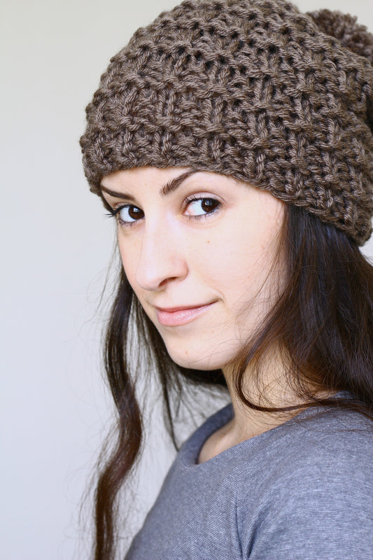 Knit beanie hat, slouchy hat with pom in taupe brown color
